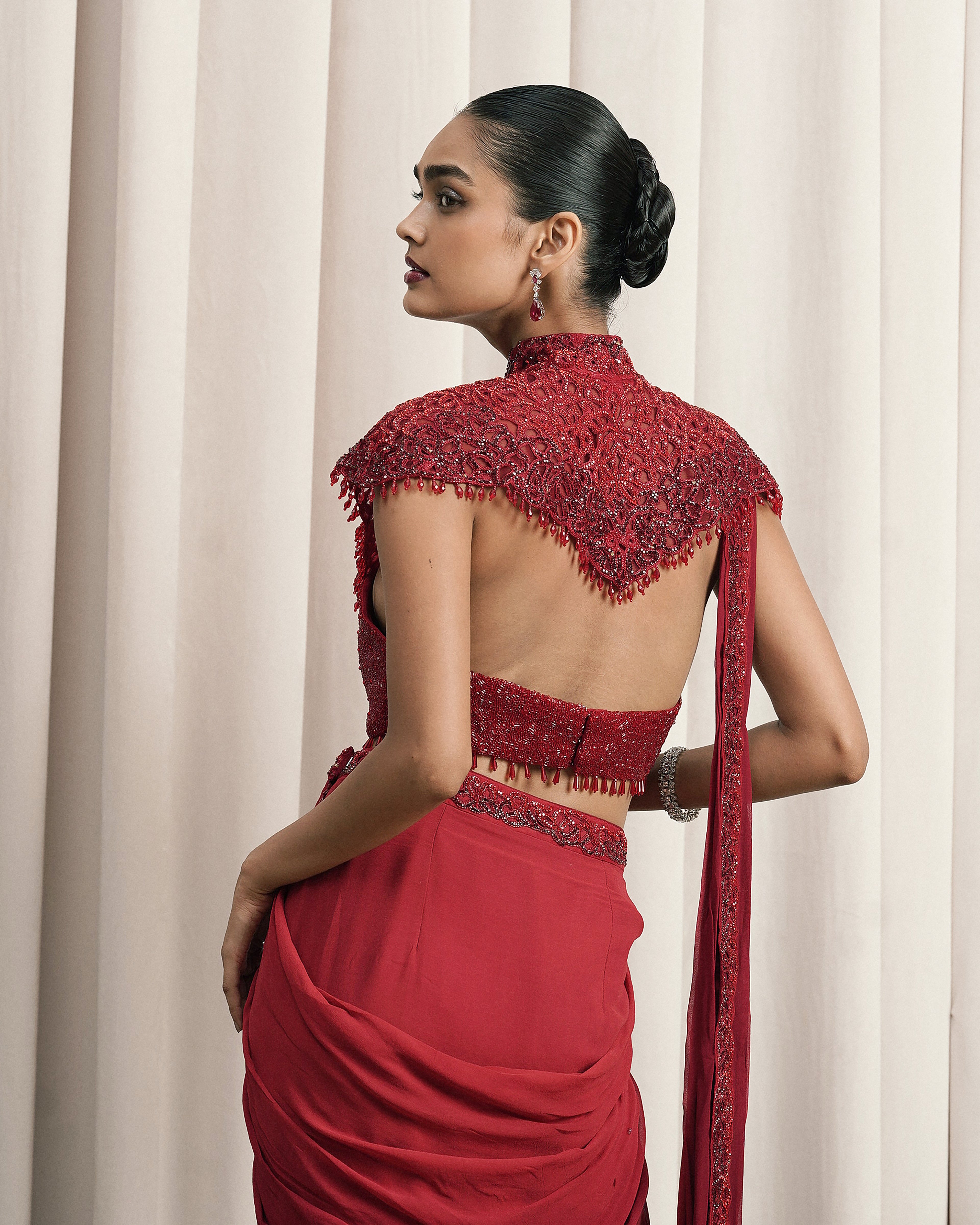 Red Draped Saree With Cape And Bustier