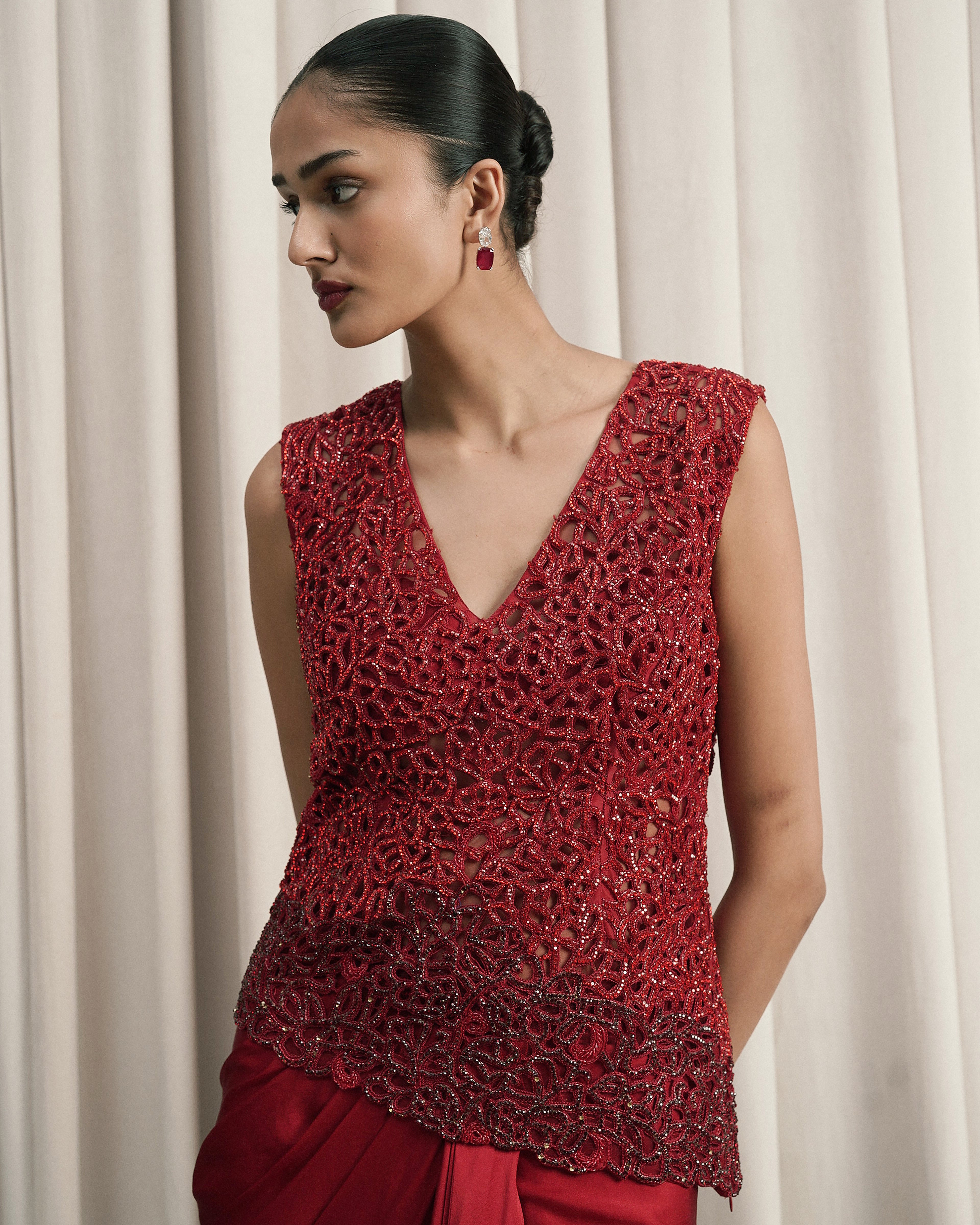 Red Embroidered Top And Draped Skirt Set