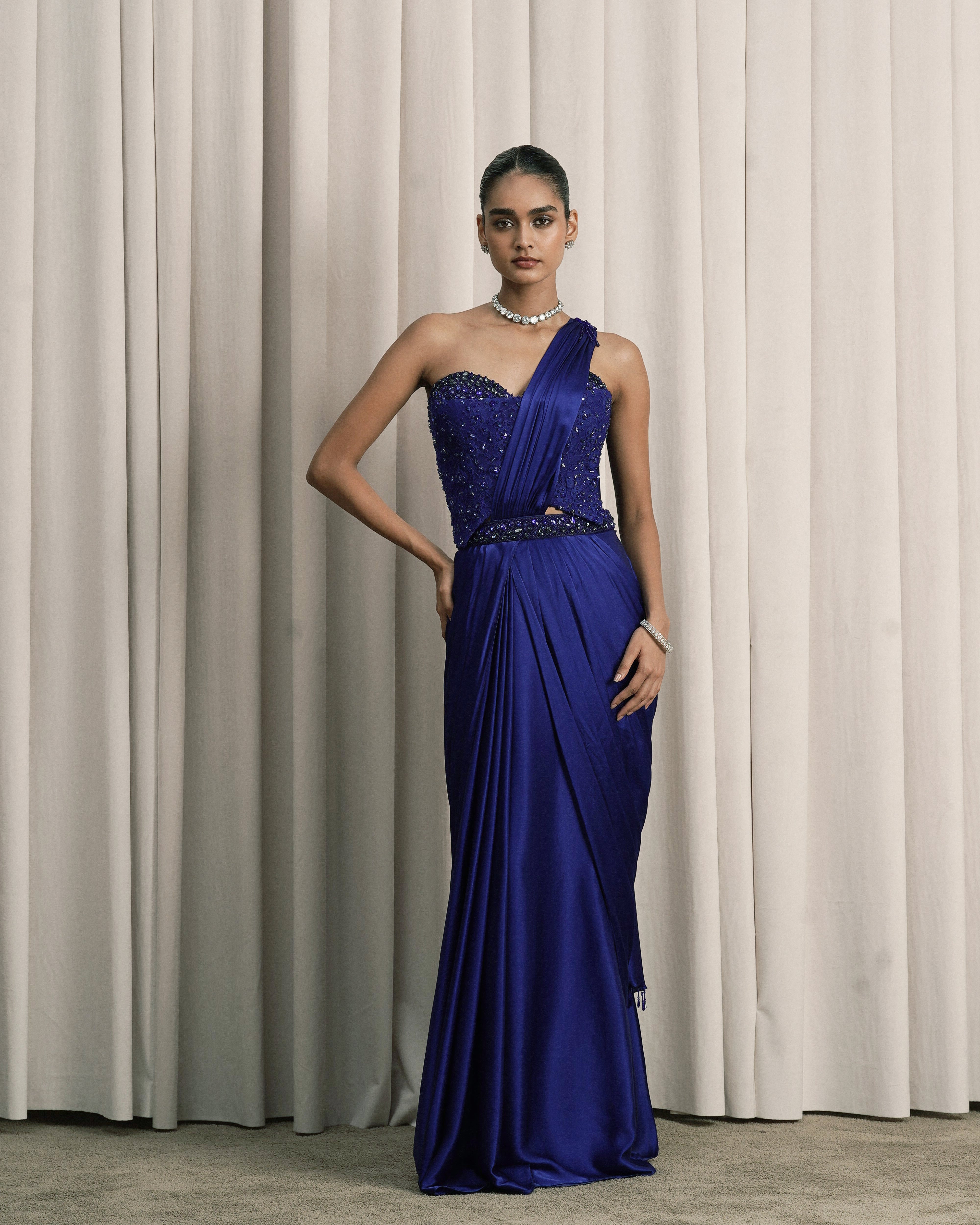 Royal Blue Pre-draped Saree With Chantilly Corset
