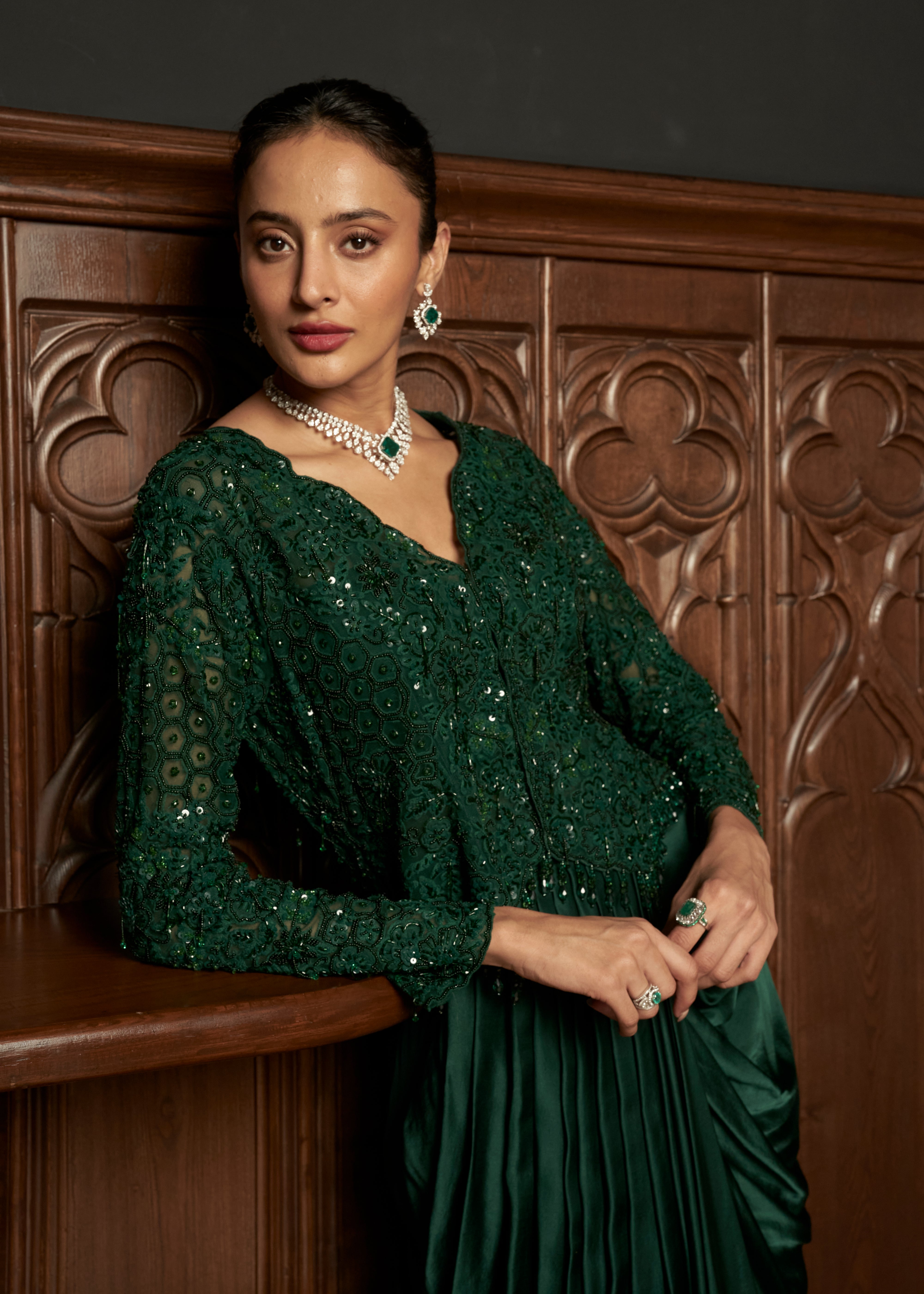 Emerald Embroidered Jacket With Draped Skirt