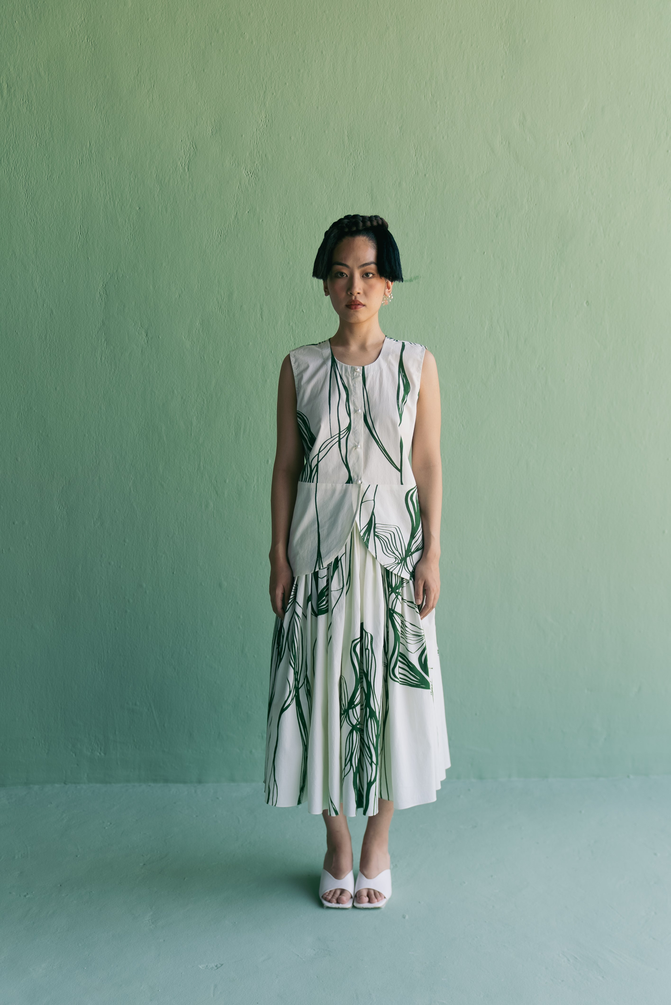 Green Lines Skirt With Waistcoat