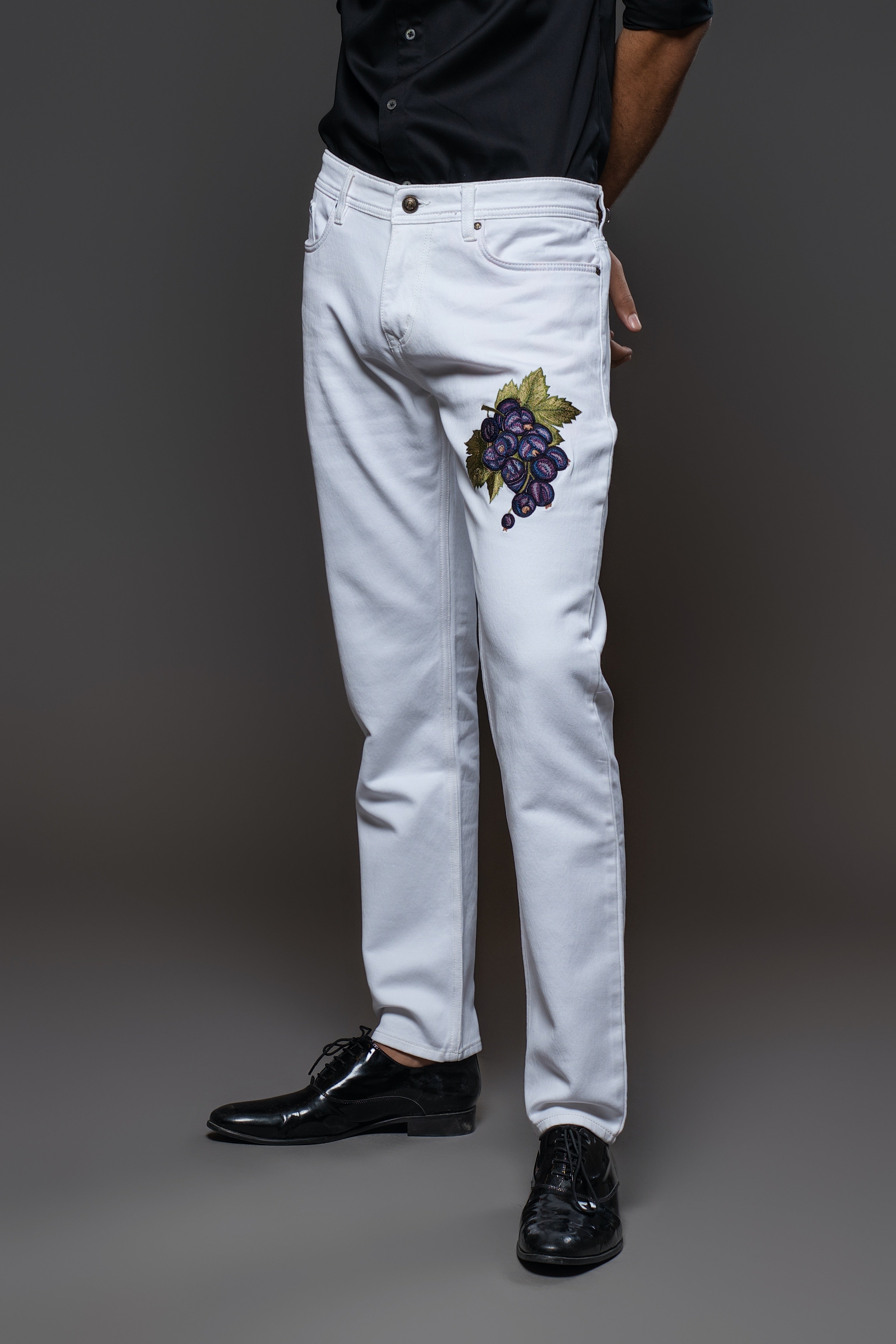 Off White Denim Jeans With Floral Grapes Embroid