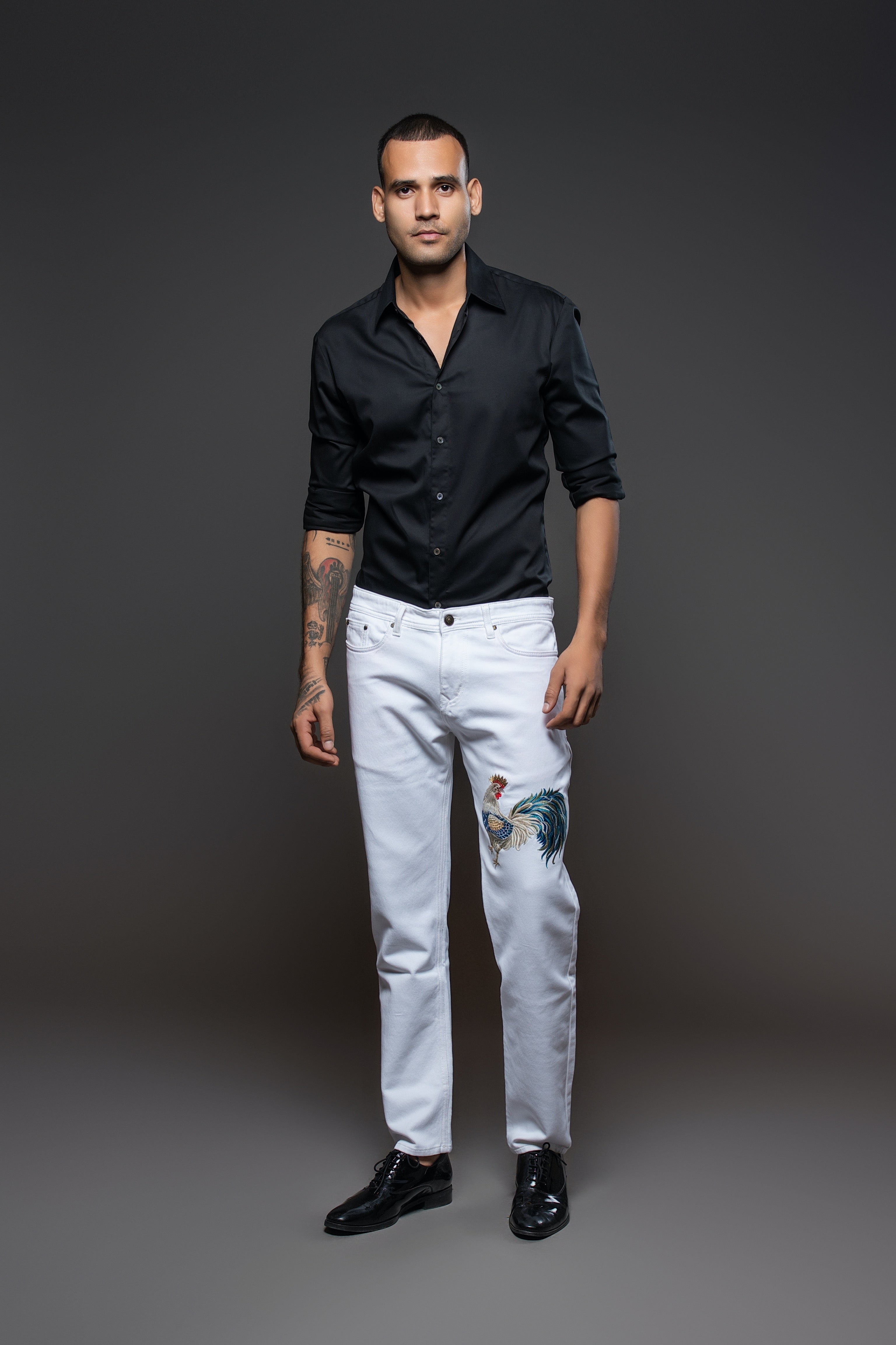 Off White Denim jeans With Dancing Cock Embroidery