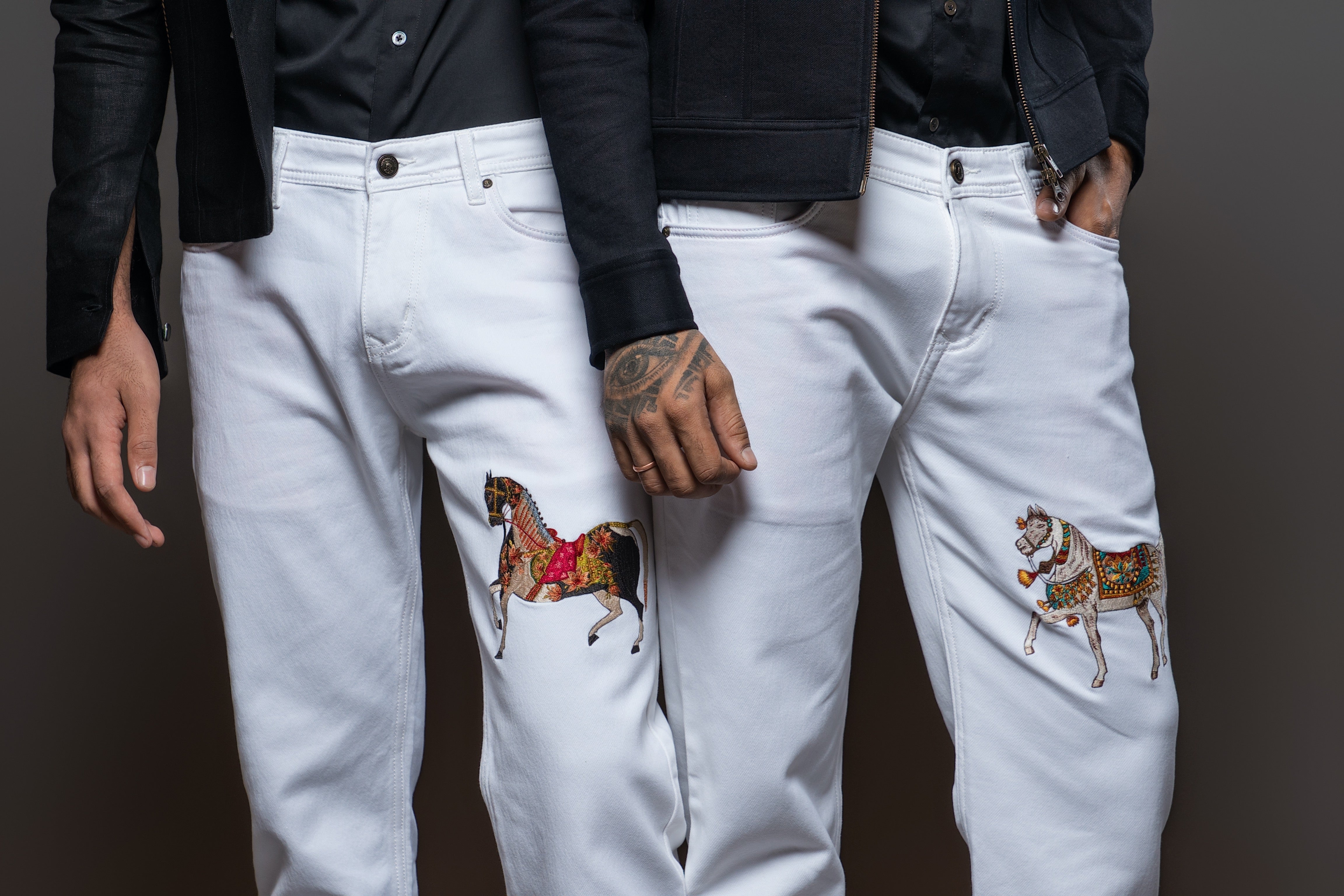 Off White Jeans with full horse embroidery motif