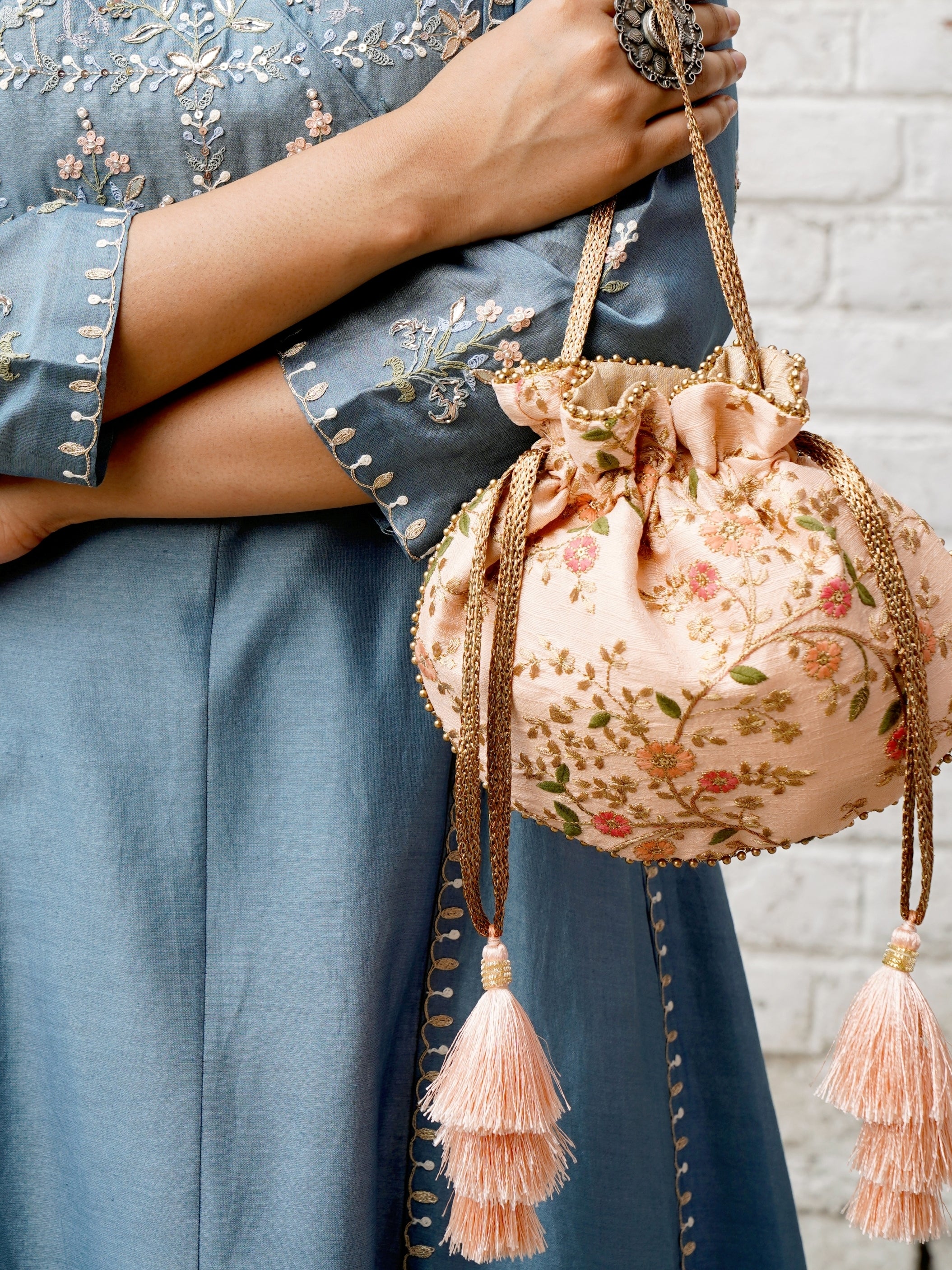 Floral Creeper Potli Bag Peach