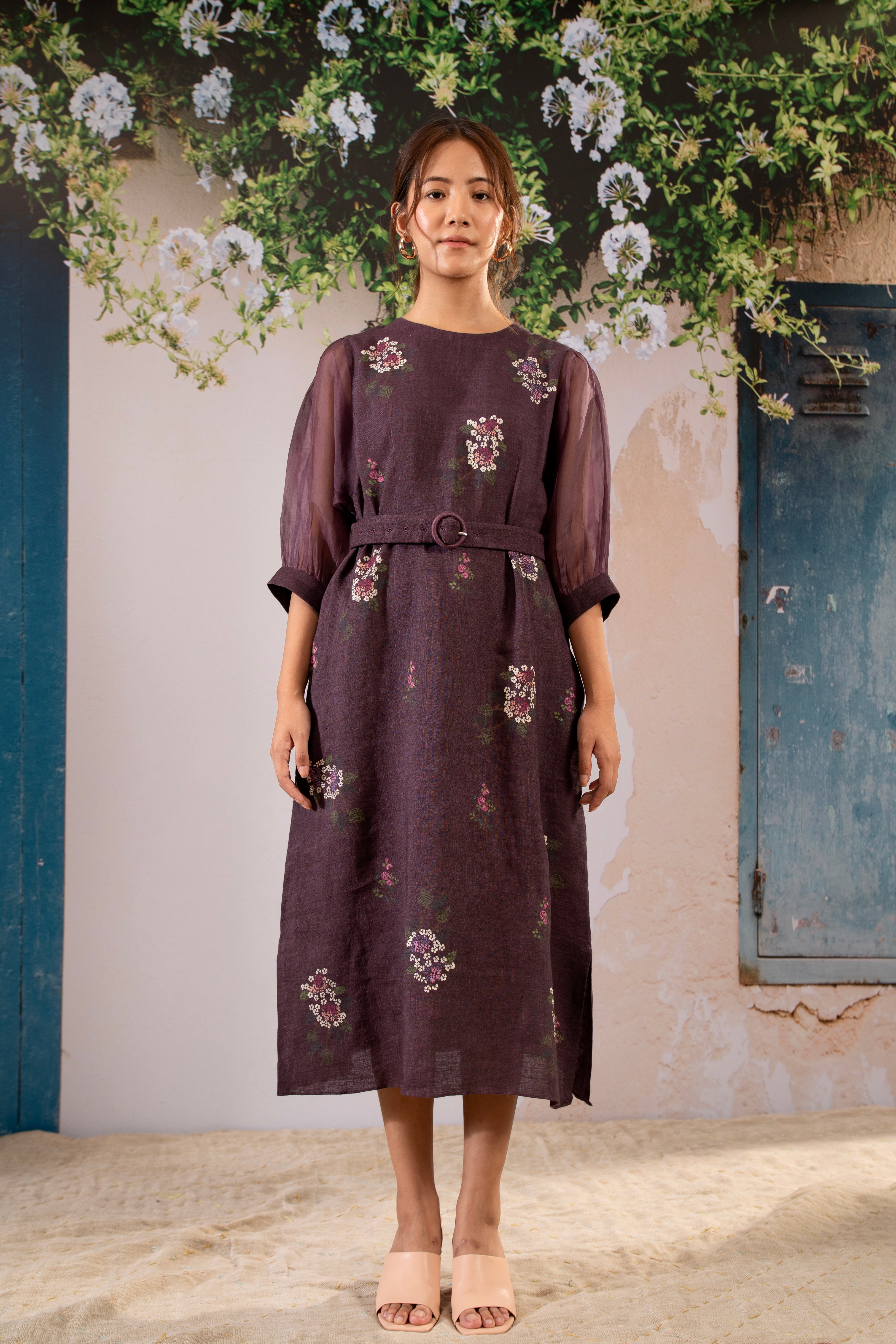 Dahlia Print Puff Sleeves Dress
