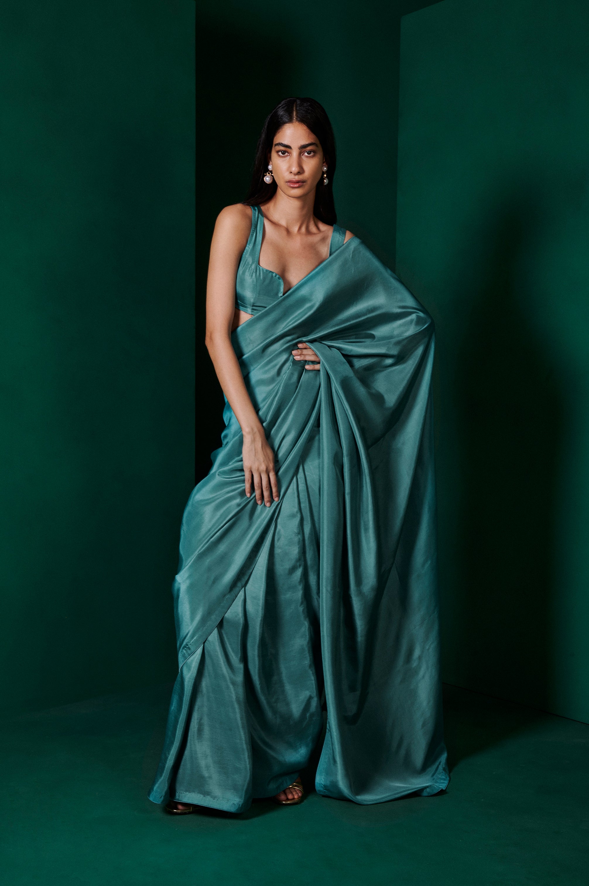 Handwoven Teal Blue Silk Sari