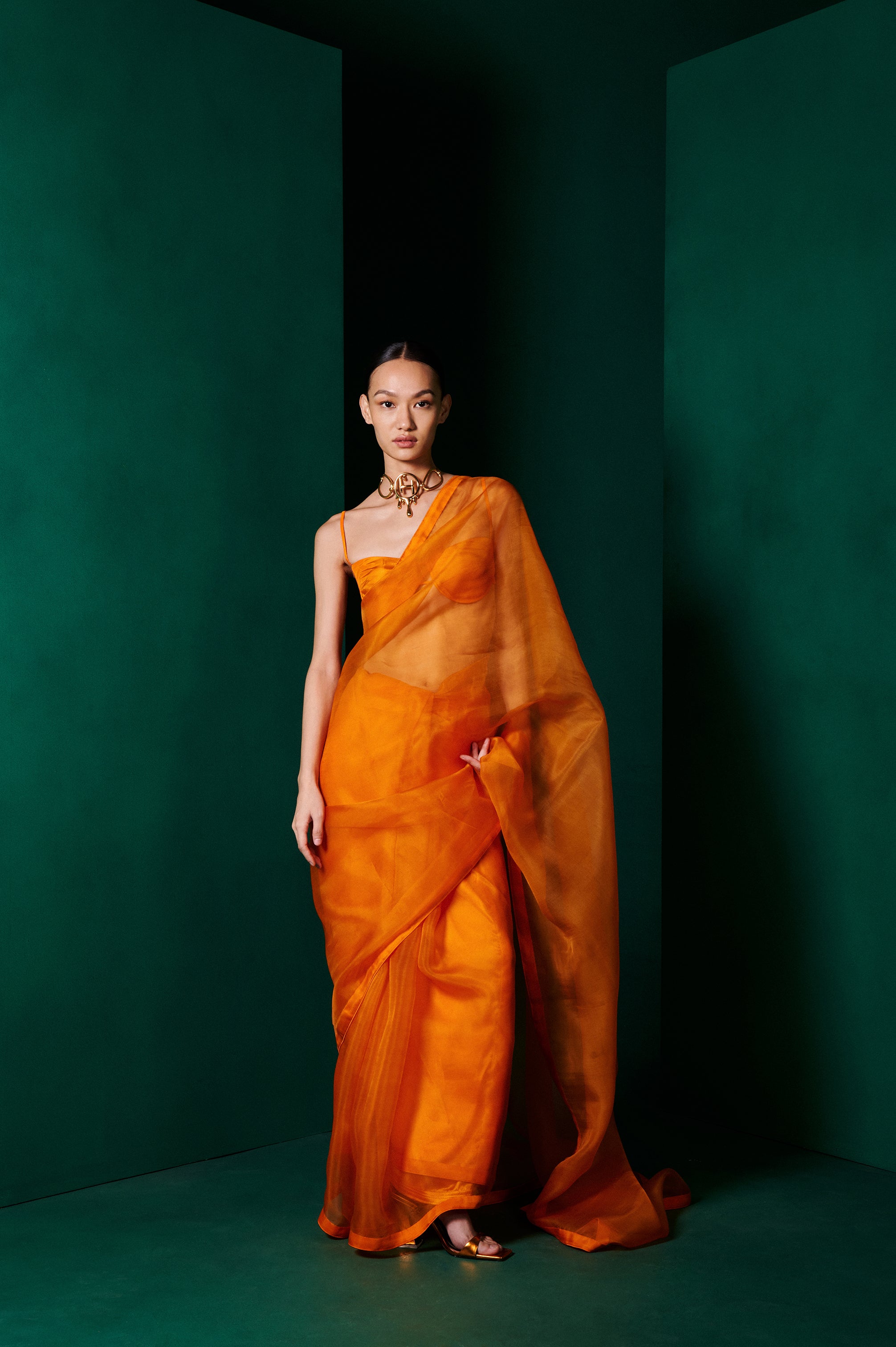 Handwoven Tangerine Orange Organza Sari