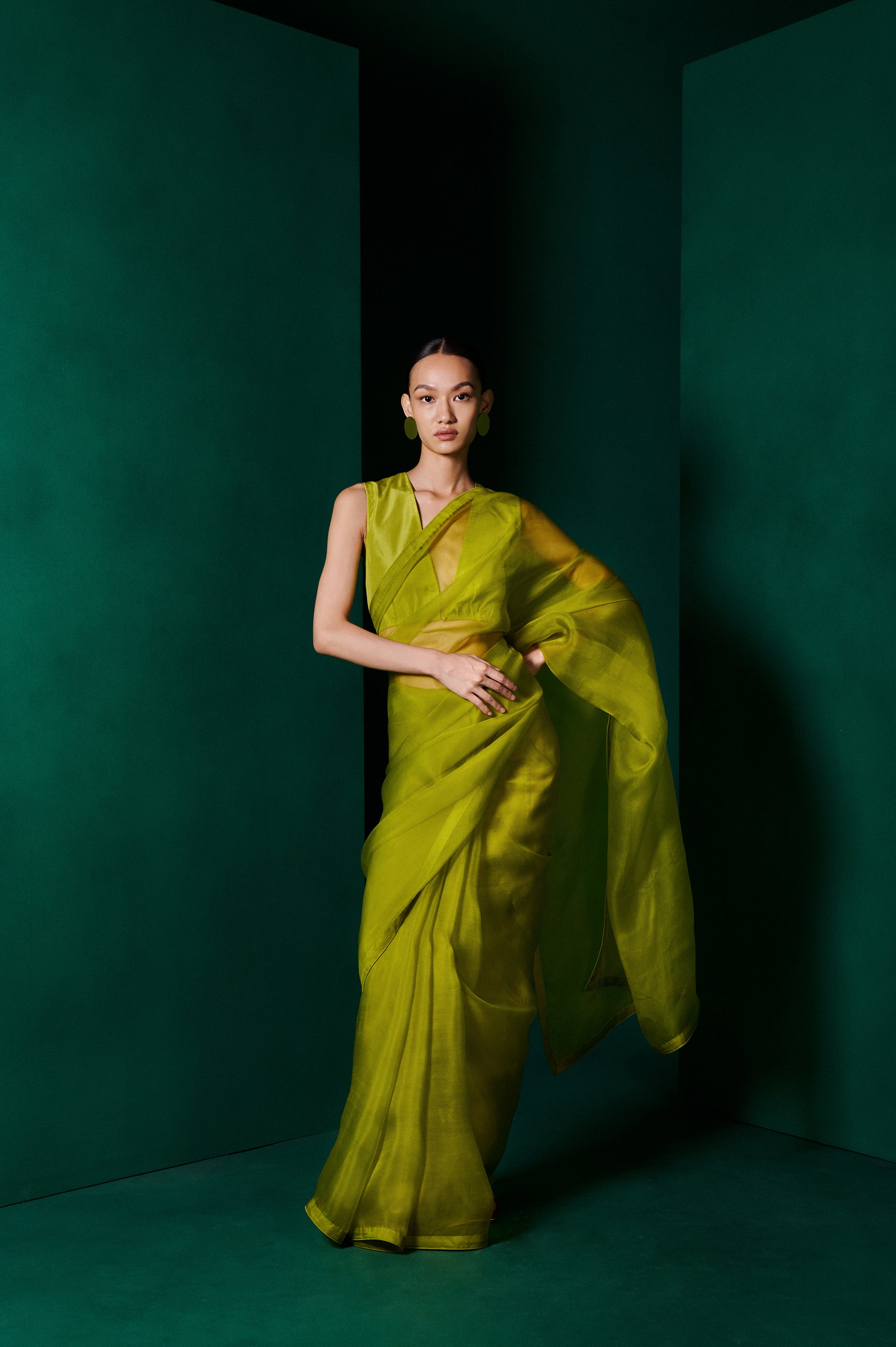 Handwoven Moss Green Orgnaza Sari