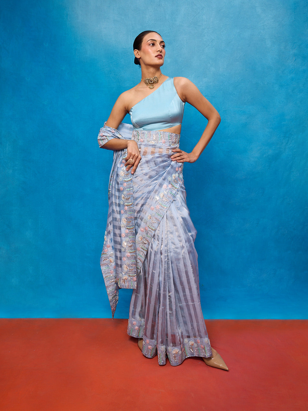 Handwoven Ice Blue Tissue Embroidered Saree