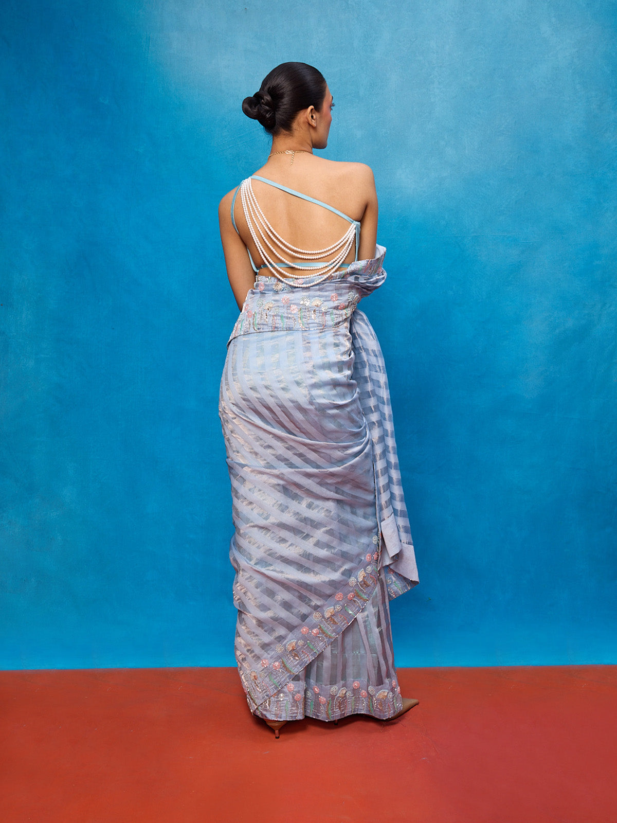 Handwoven Ice Blue Tissue Embroidered Saree