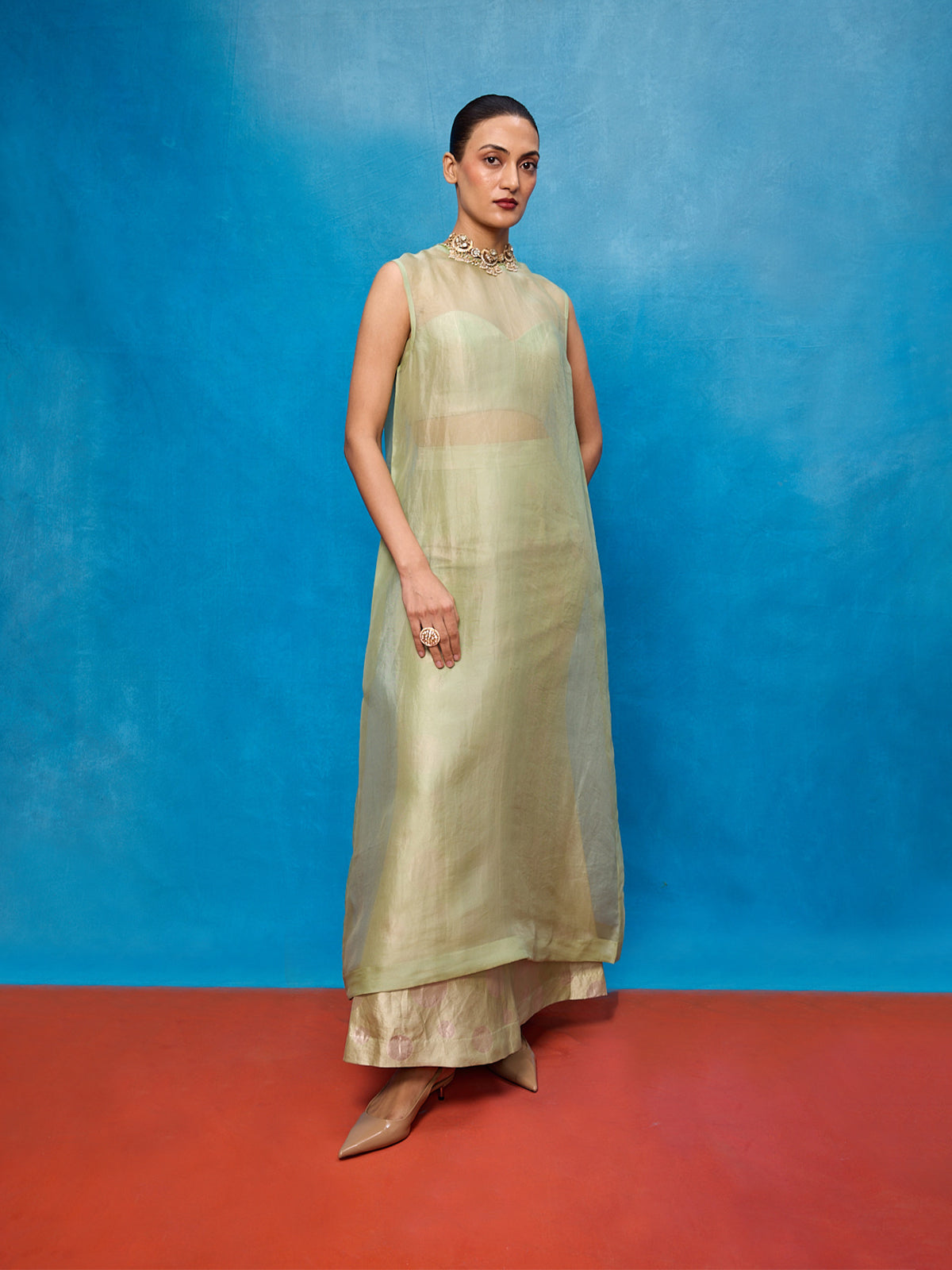 Handwoven Pistachio Green Silk Banarasi Suit Set