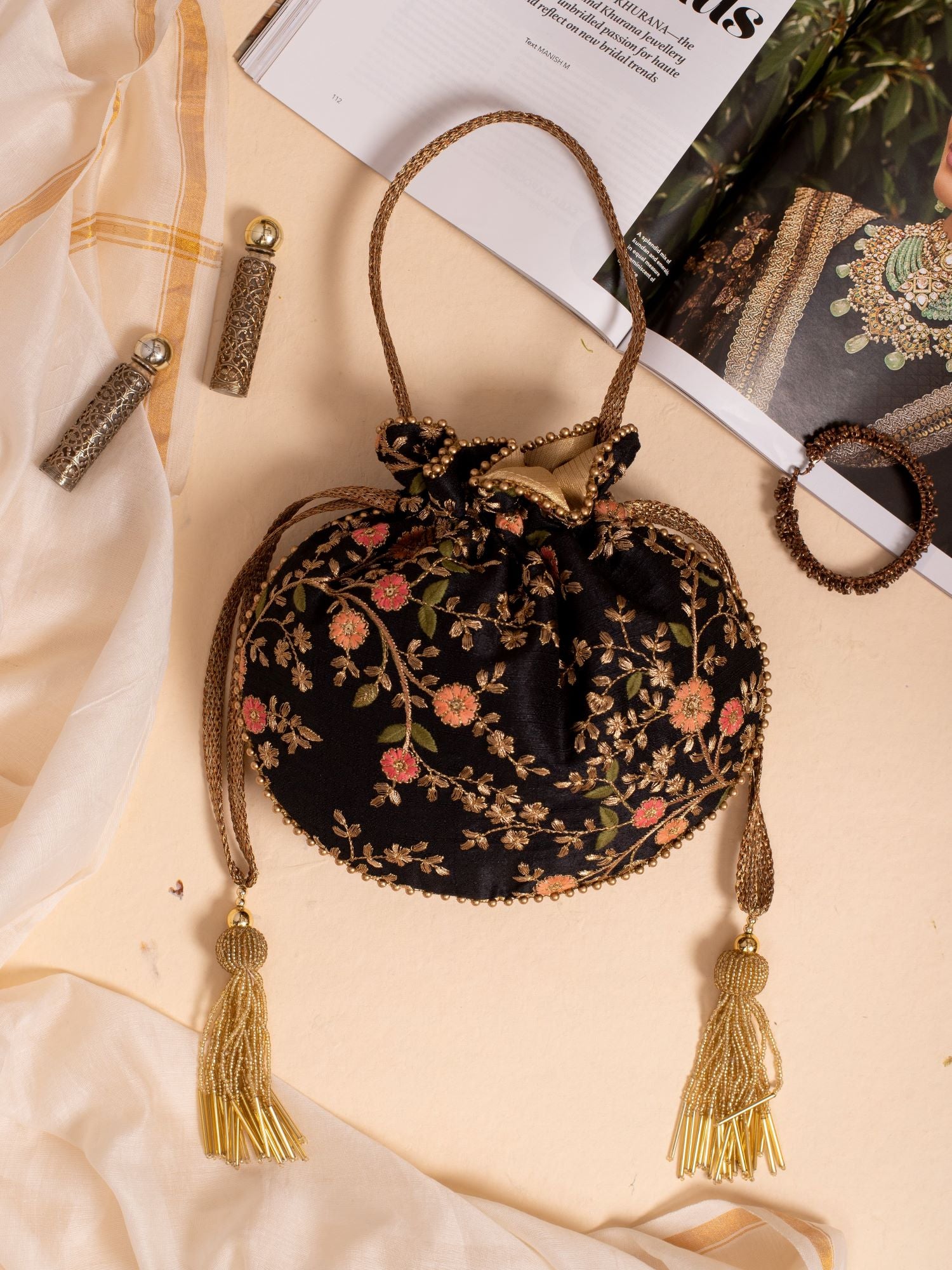Floral Creeper Black Potli Bag
