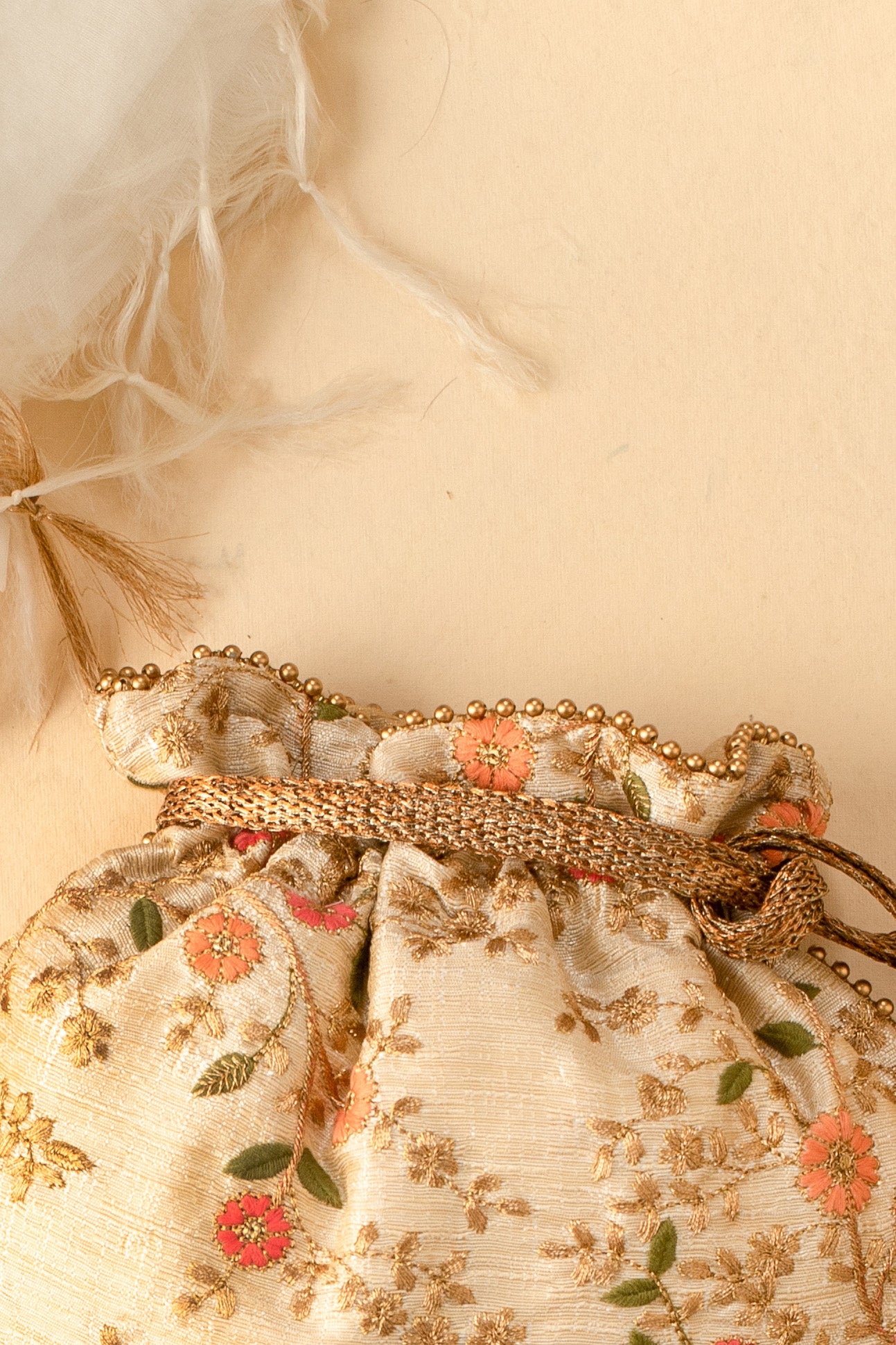 Floral Creeper Cream Potli Bag