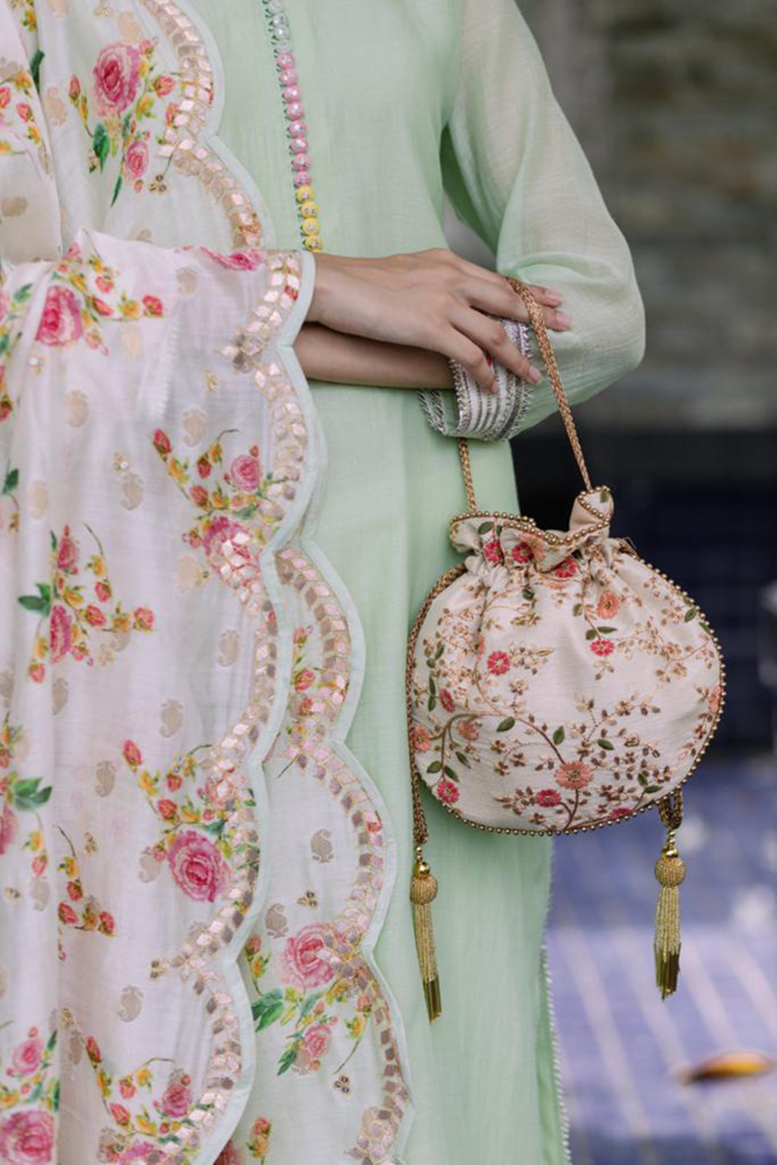 Floral Creeper Cream Potli Bag