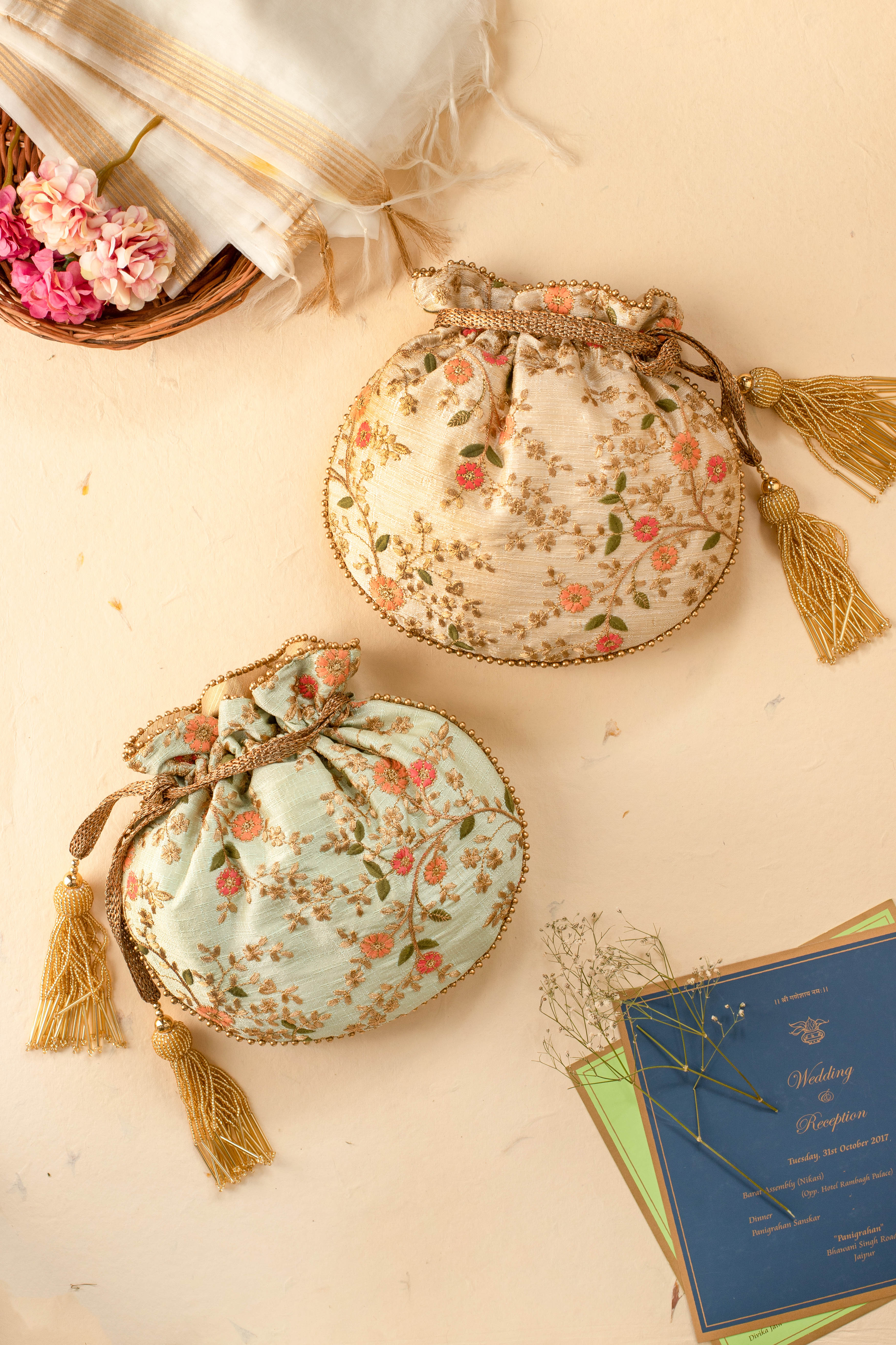 Floral Creeper Cream Potli Bag
