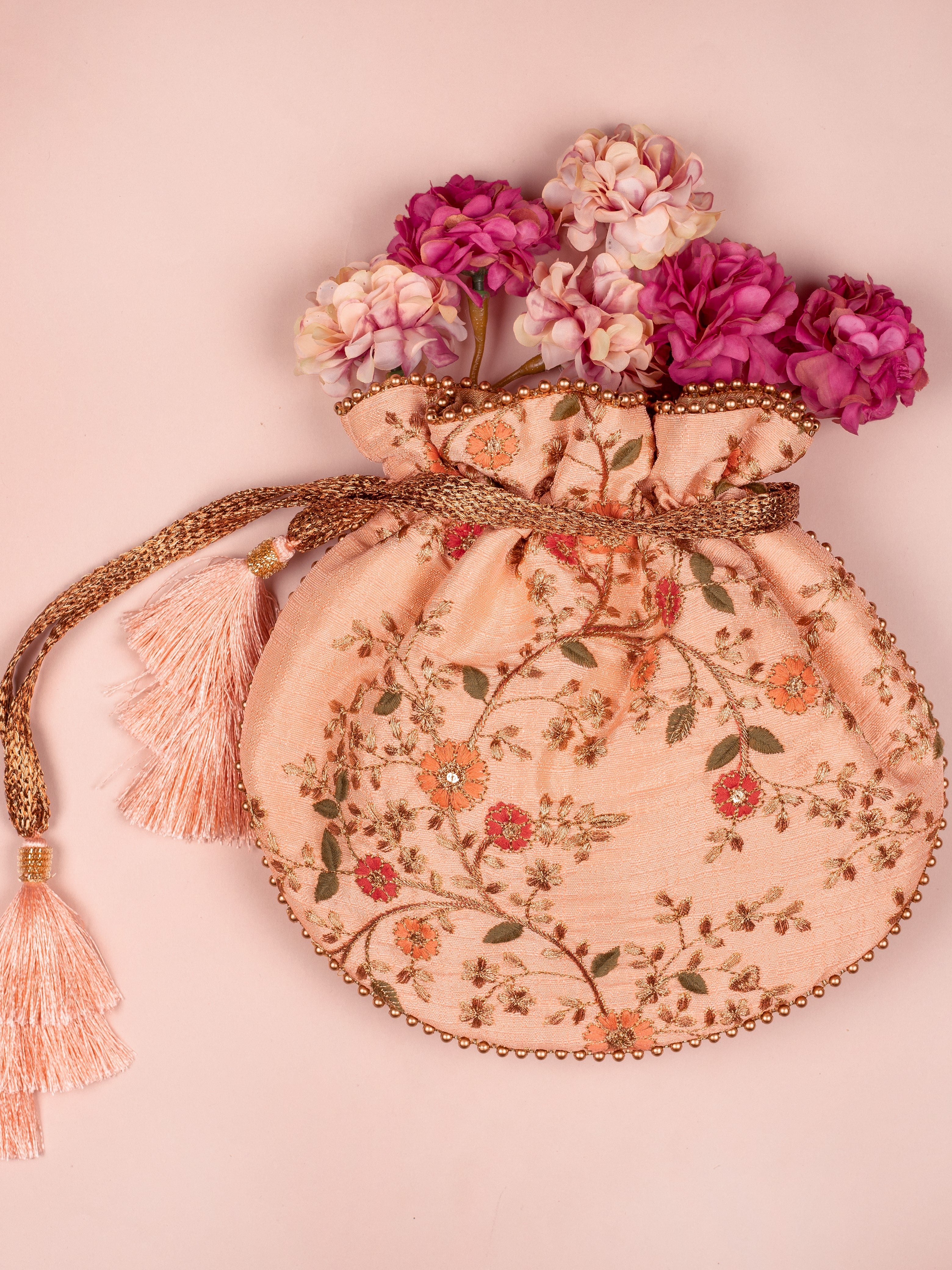 Floral Creeper Potli Bag Peach