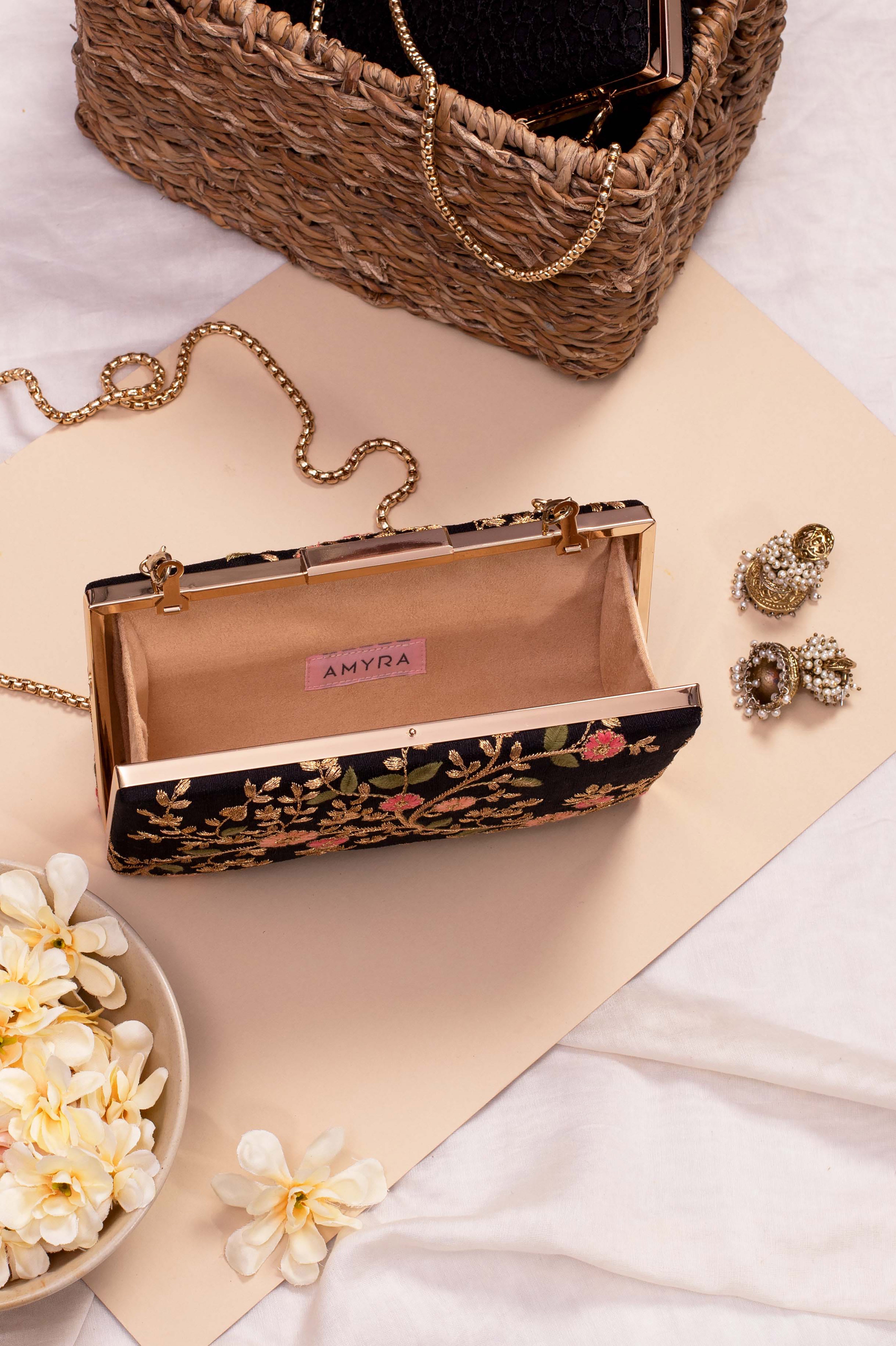 Floral Creeper Box Clutch Black