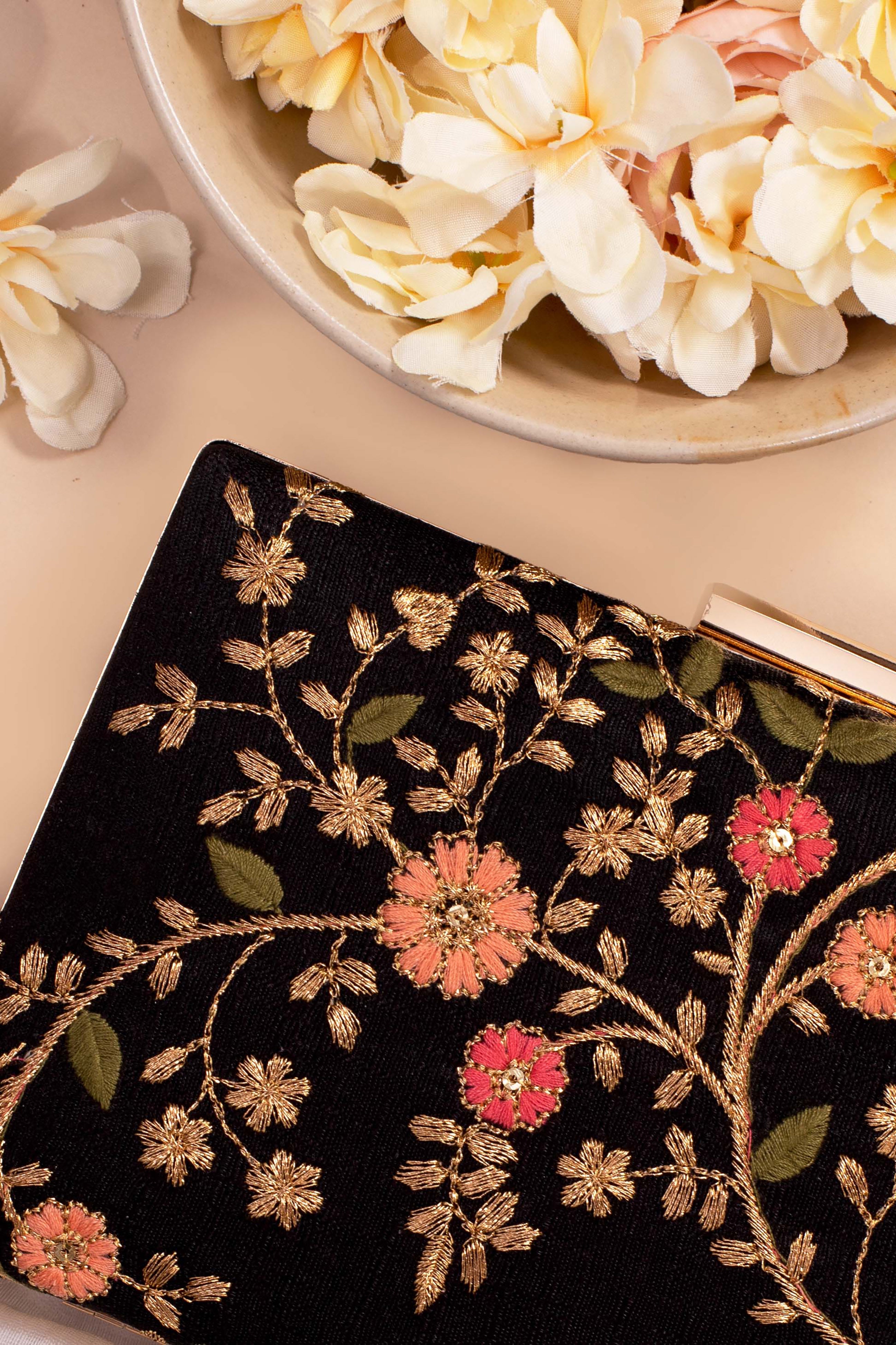 Floral Creeper Box Clutch Black
