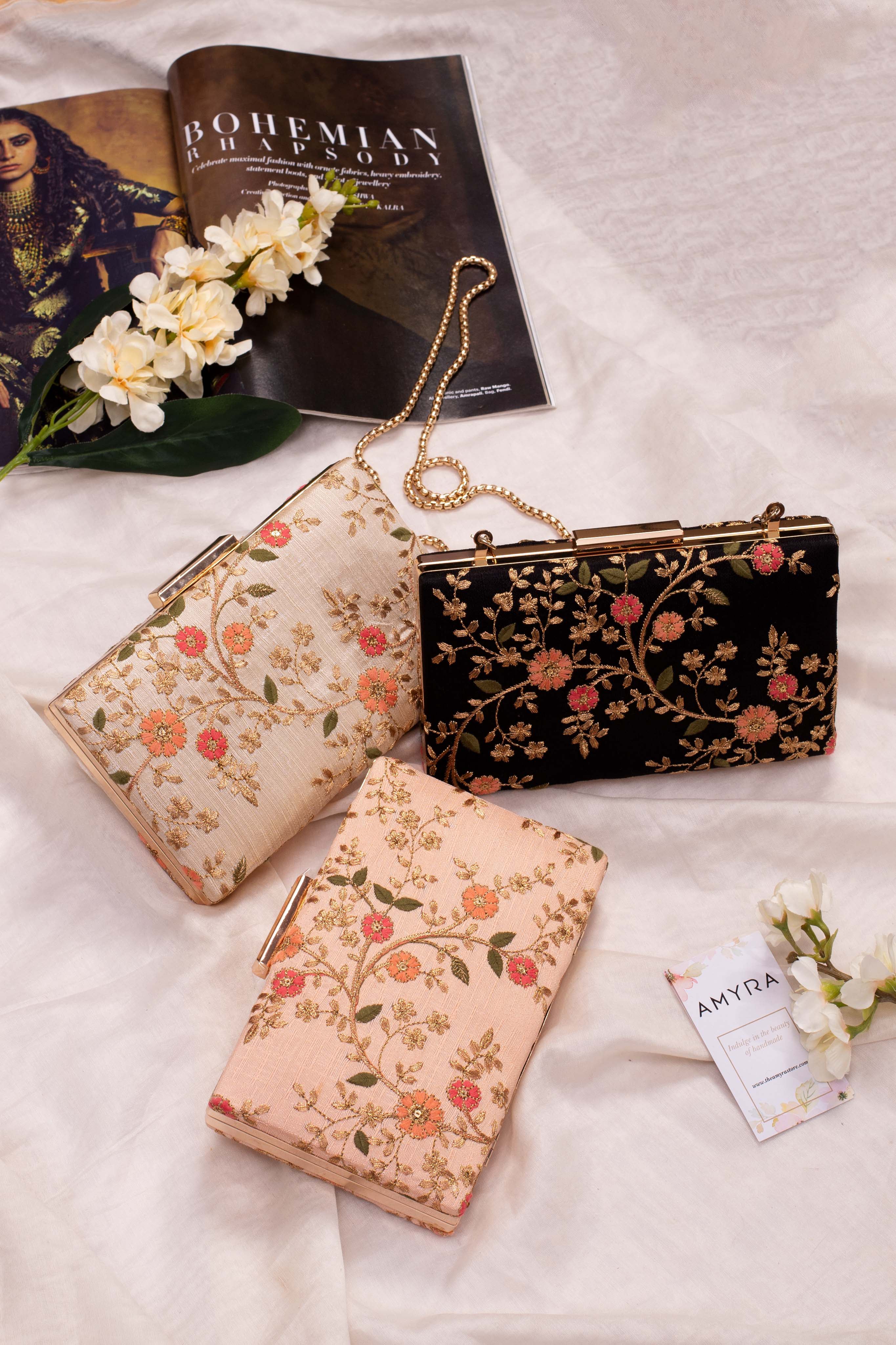 Floral Creeper Box Clutch Black