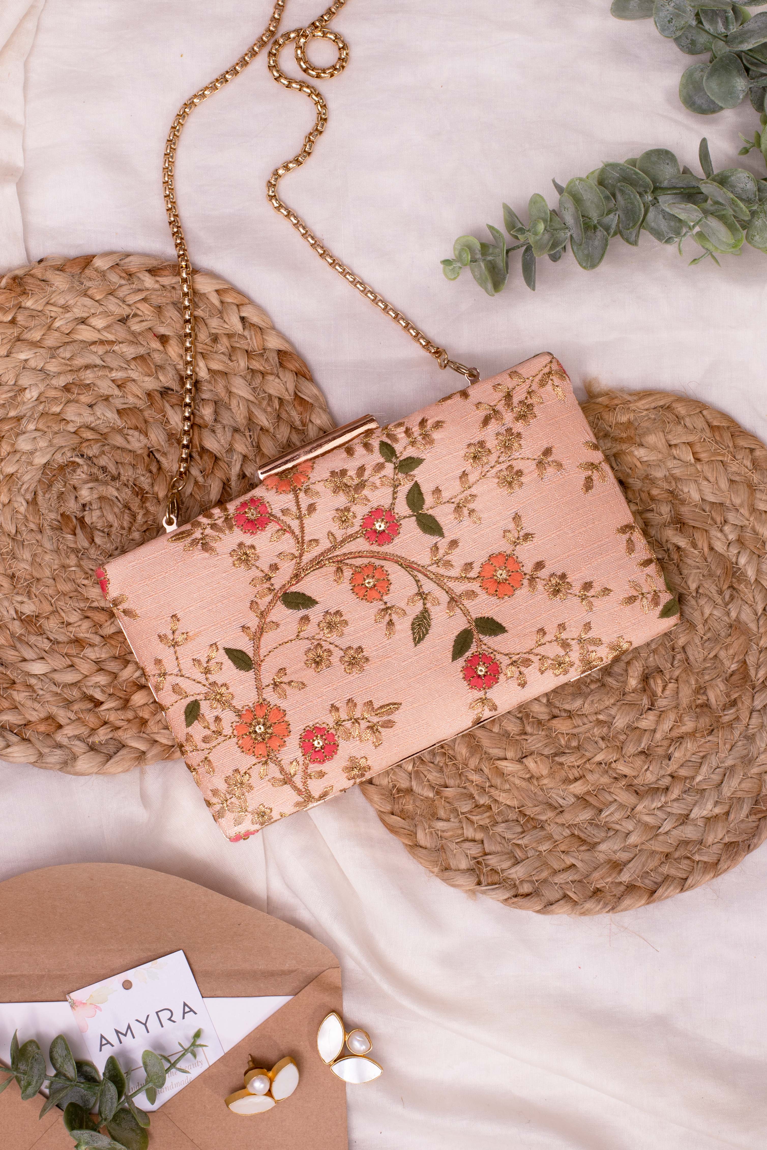 Floral Creeper Box Clutch Peach