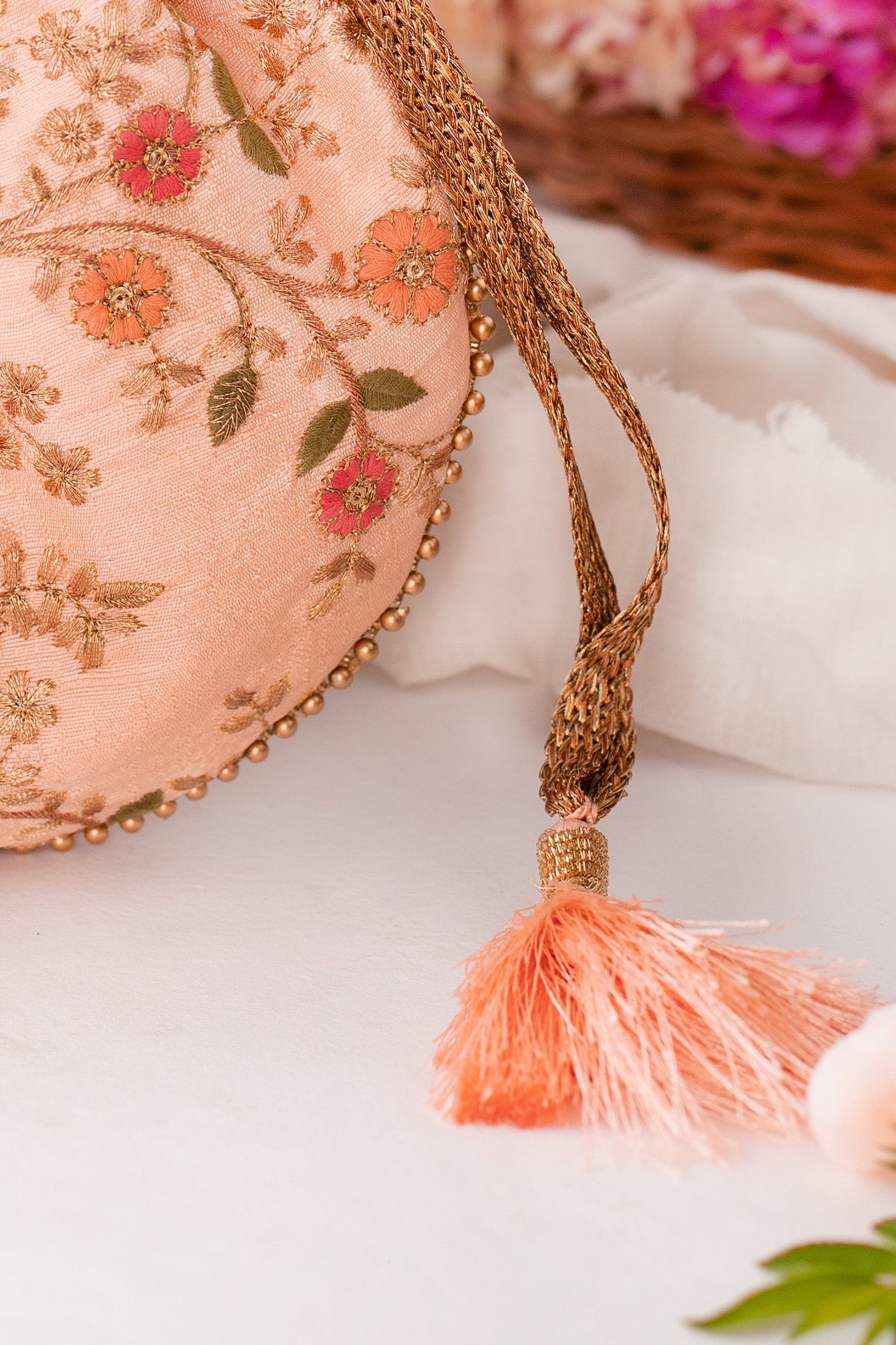 Floral Creeper Potli Bag Peach