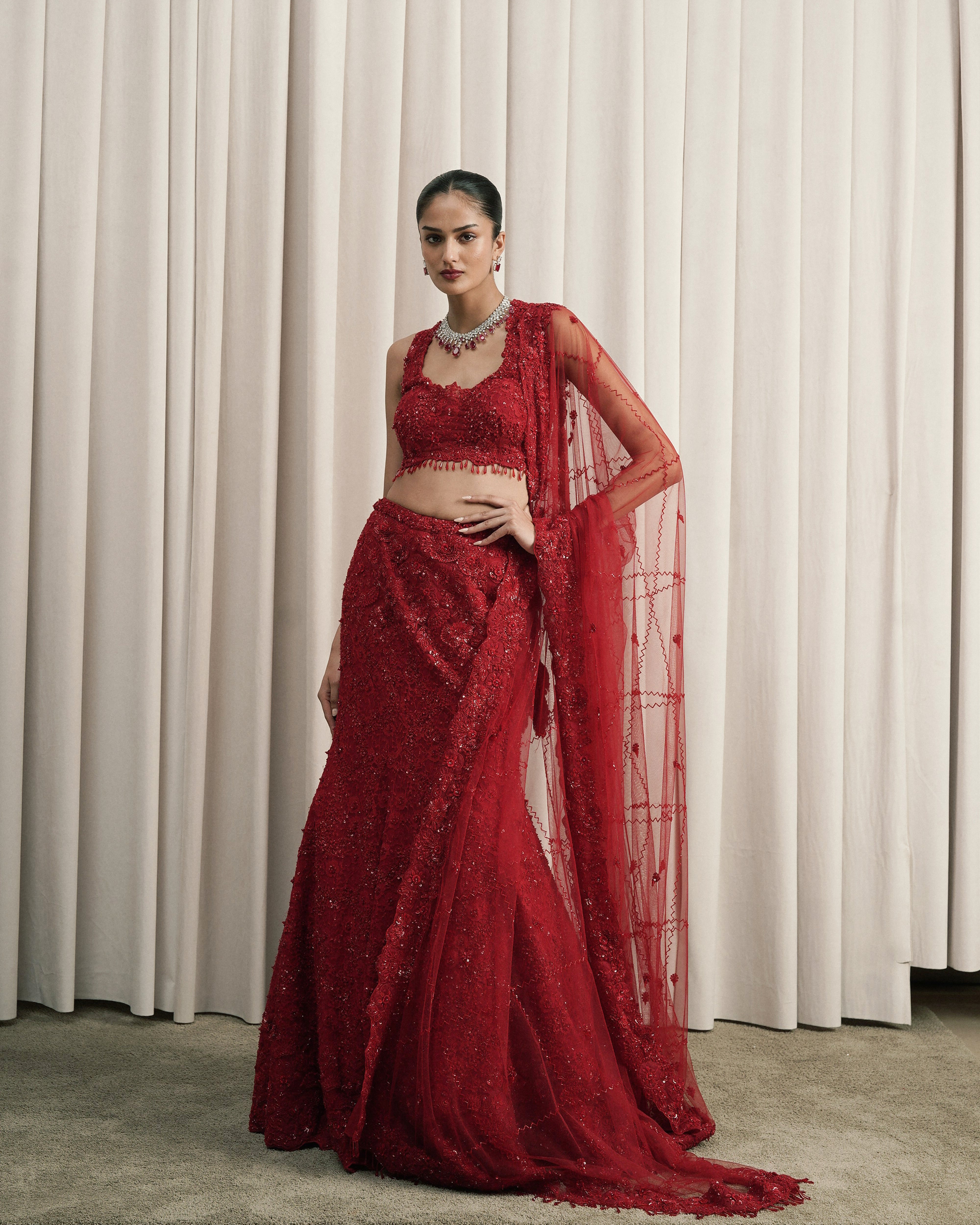 Red Fish-cut Embroidered Lehenga With Dupatta