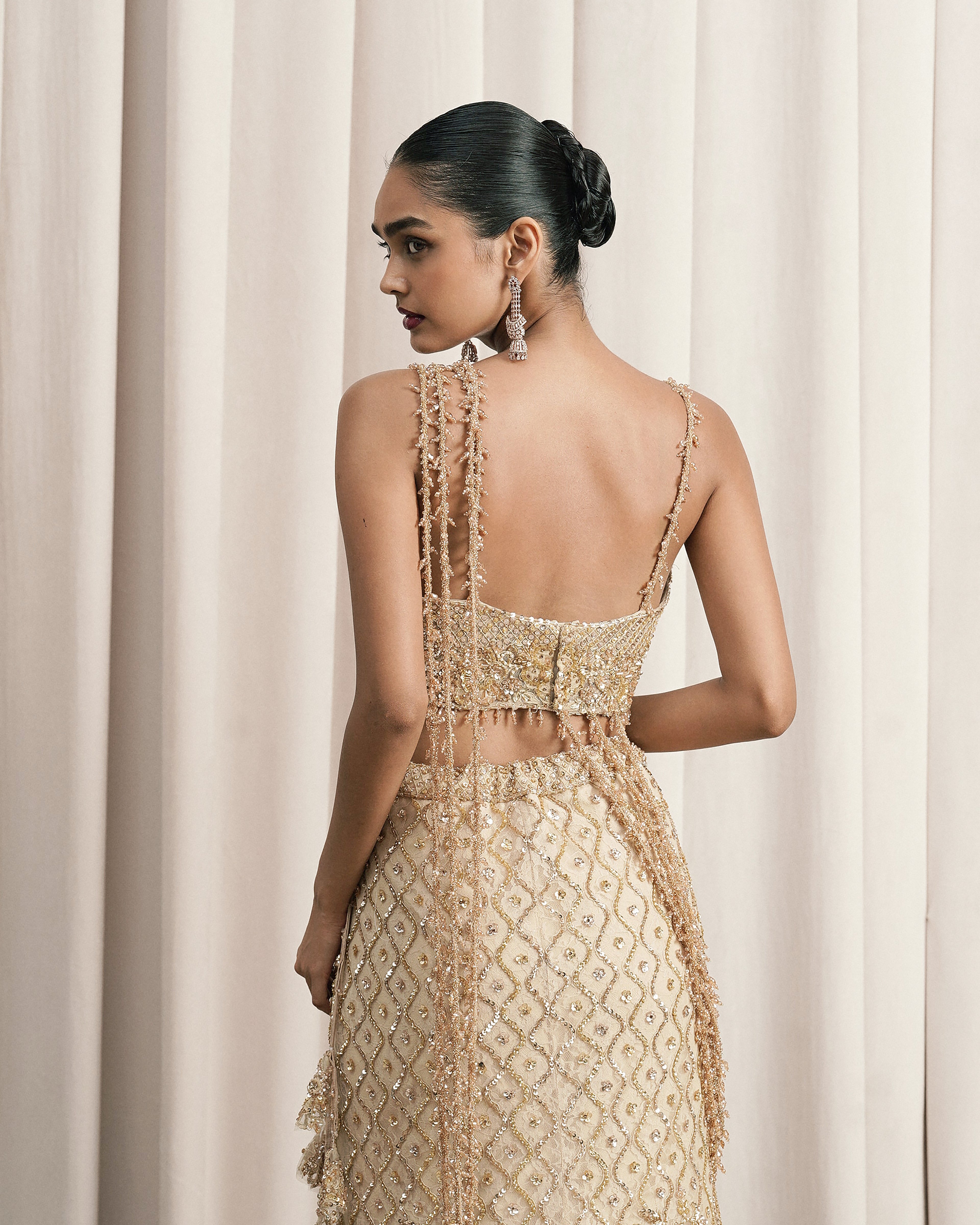 Beige Fish-cut Embroidered Lehenga With Blouse