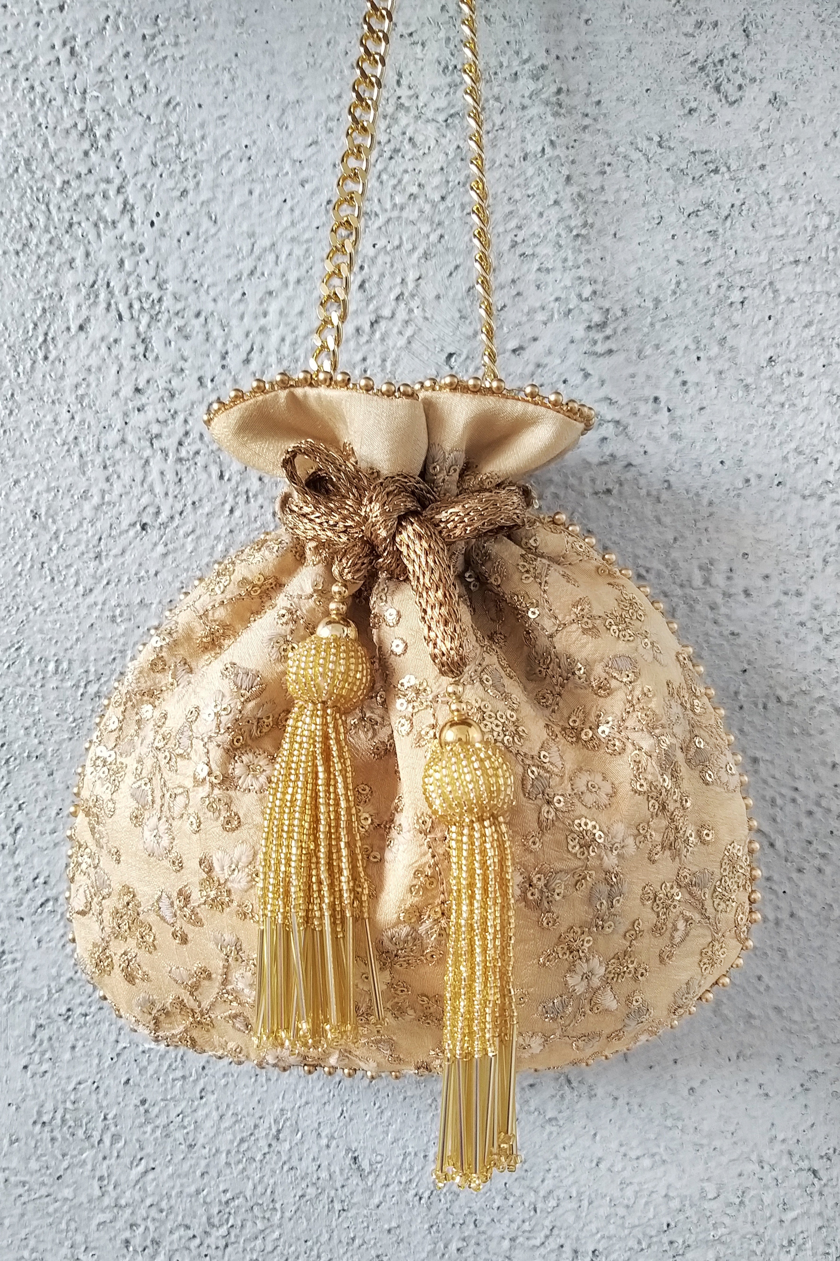 Gold Floral Potli Bag With Metal Sling