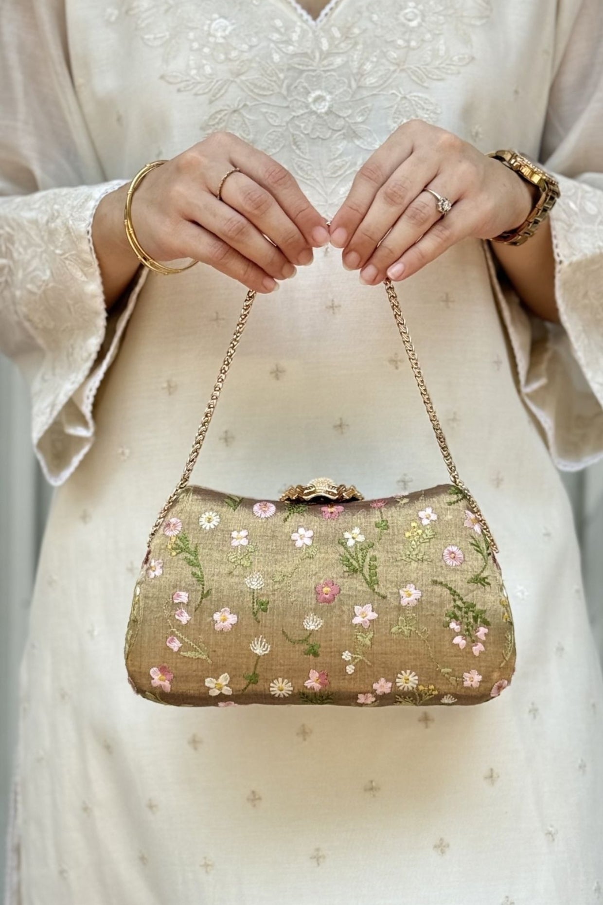 Grace Embroidered Curve Clutch - Brown