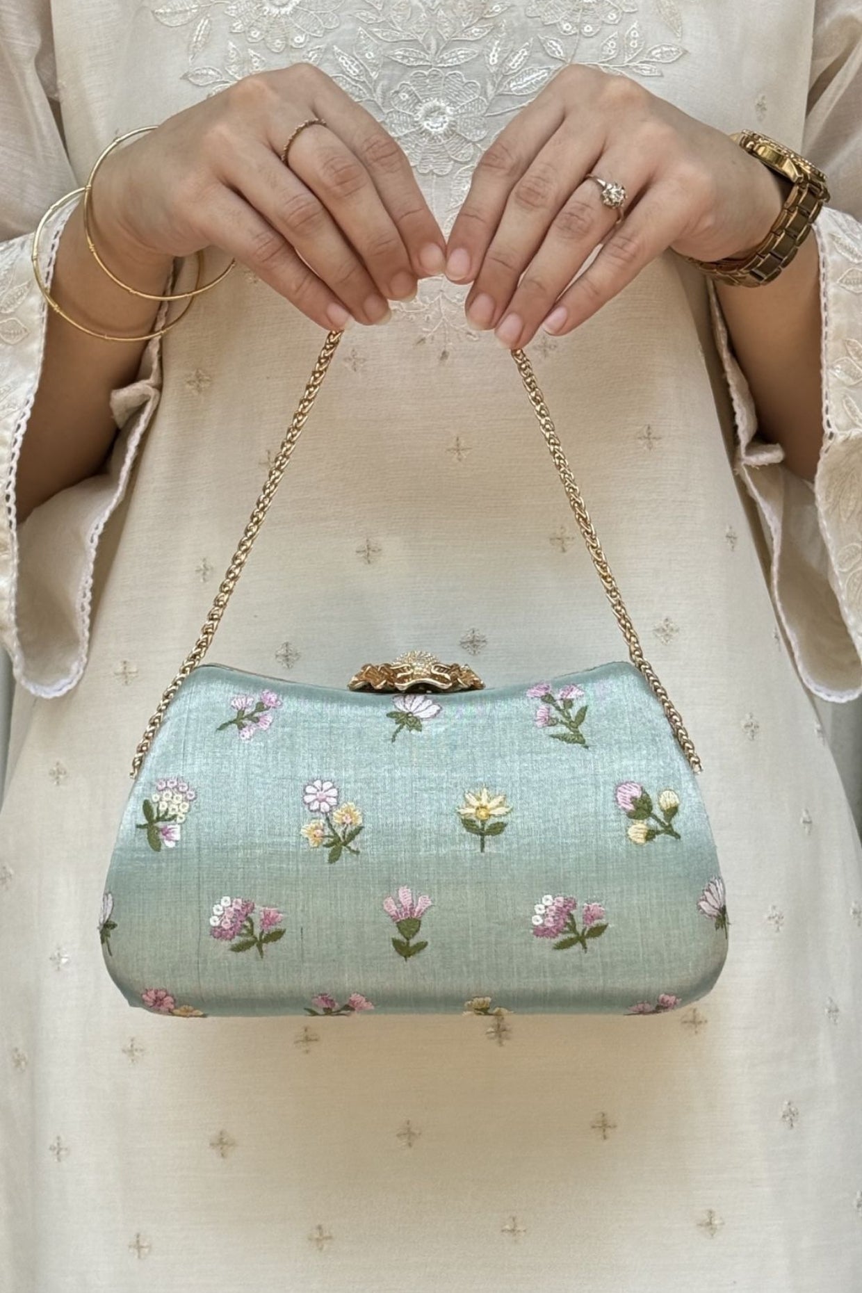 Grace Embroidered Curve Clutch - Sea Green