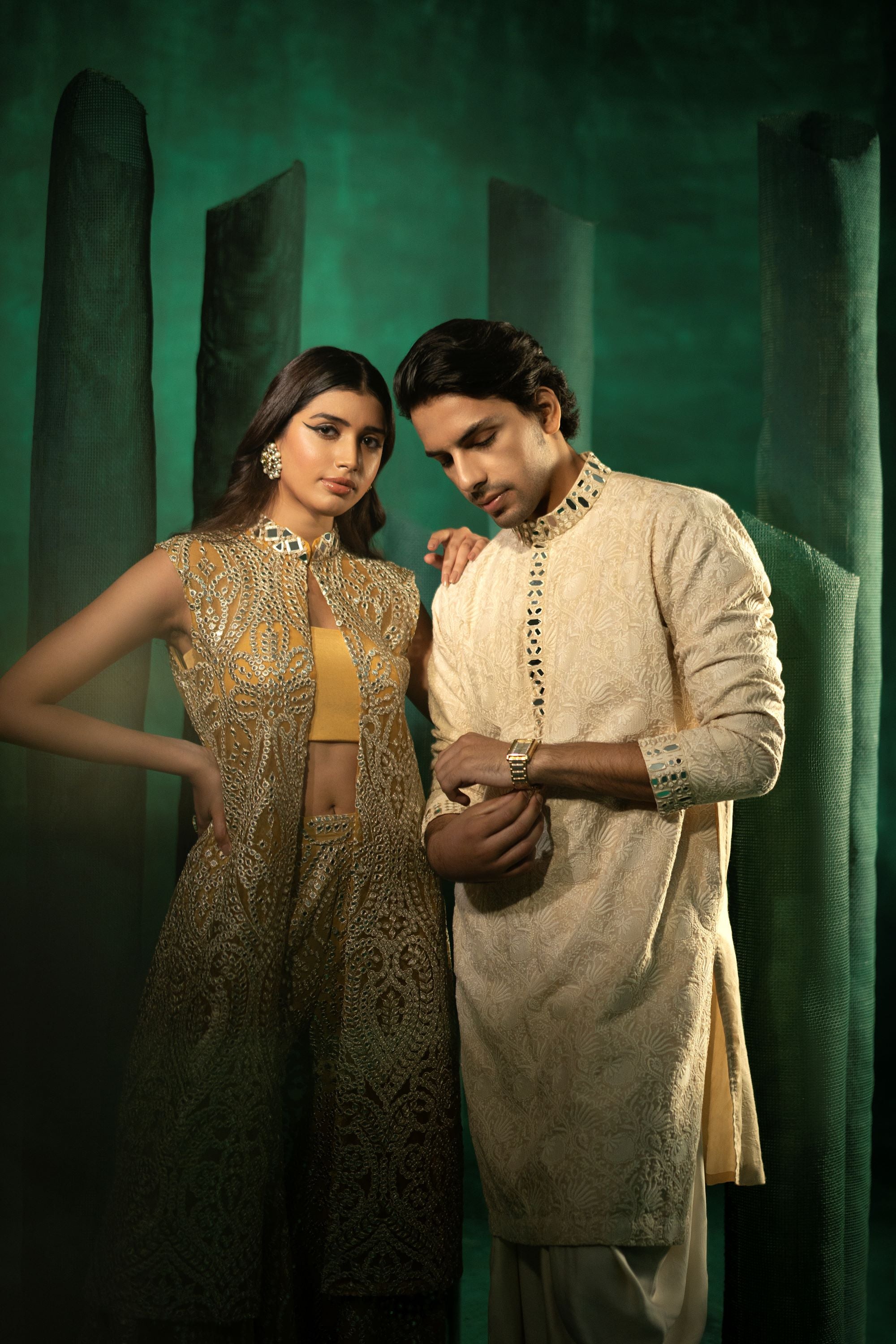 Embellished Sherwani in Golden Yellow Zari Net Mirrorwork