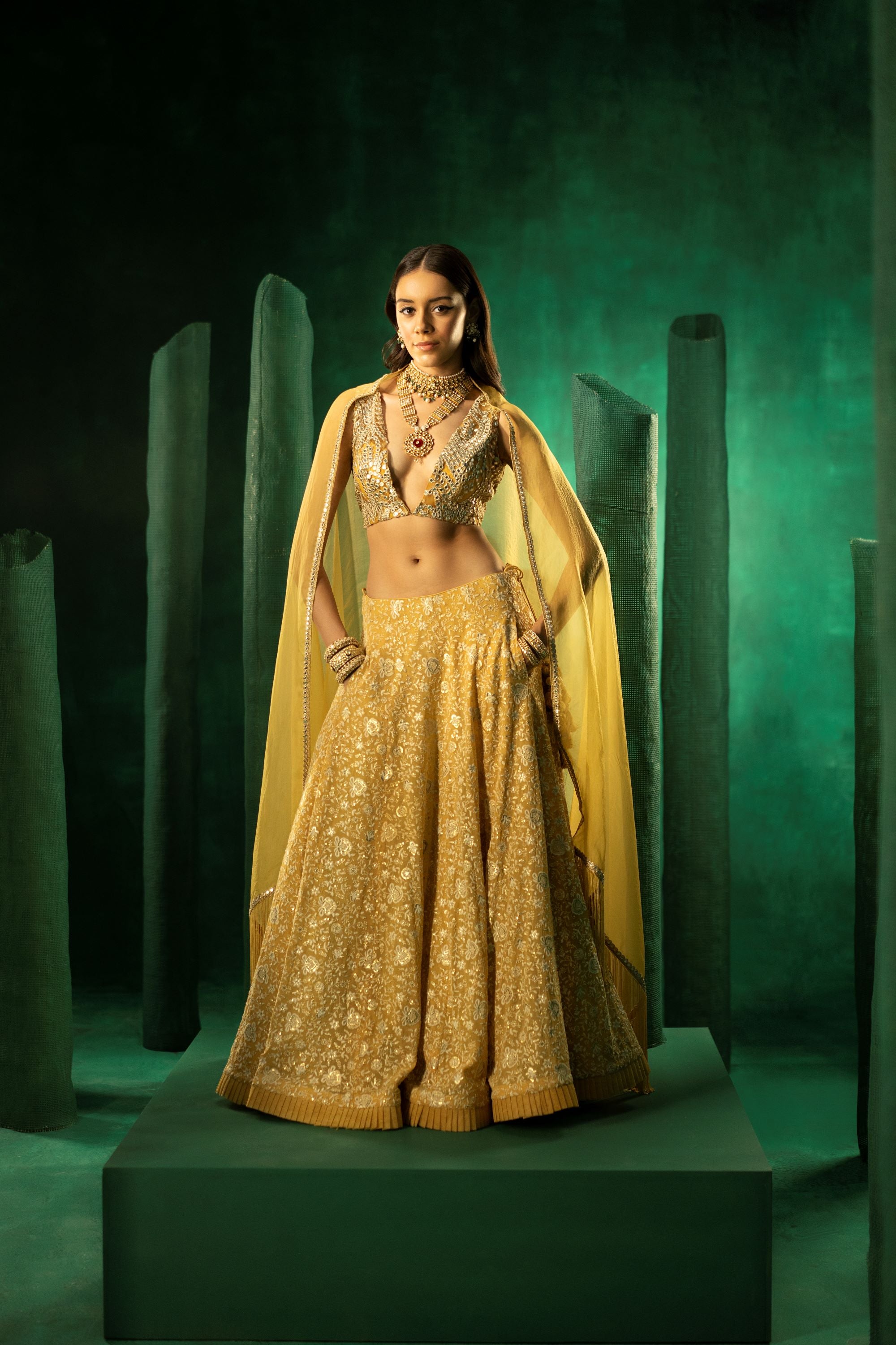 Golden Yellow Organza Dupatta with Mirrorwork Edges and Tassels