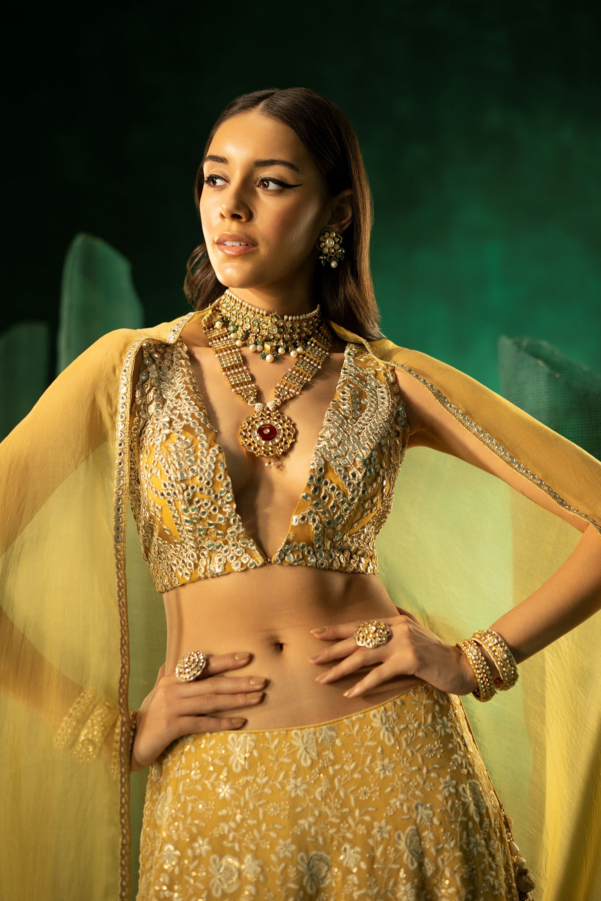 Golden Yellow Organza Dupatta with Mirrorwork Edges and Tassels