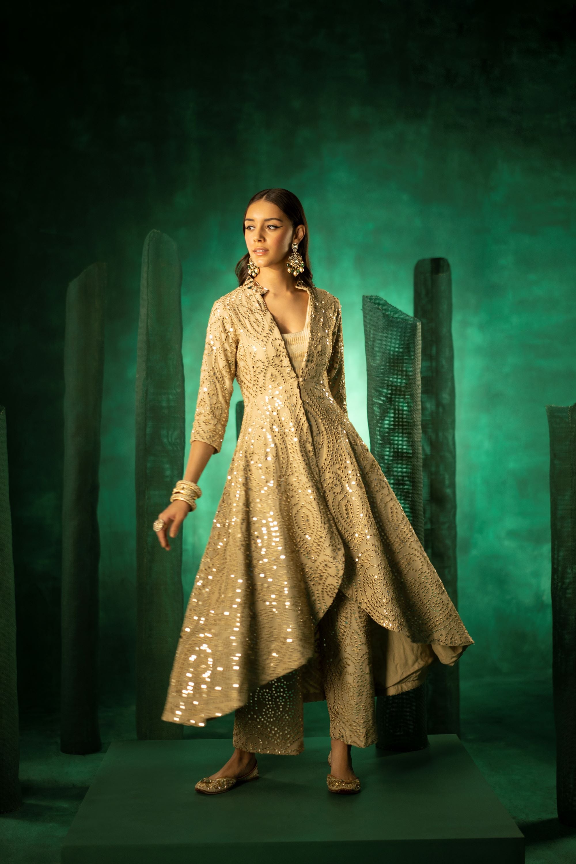 Long Asymetrical Sherwani in Golden Zari Georgette Mirrorwork