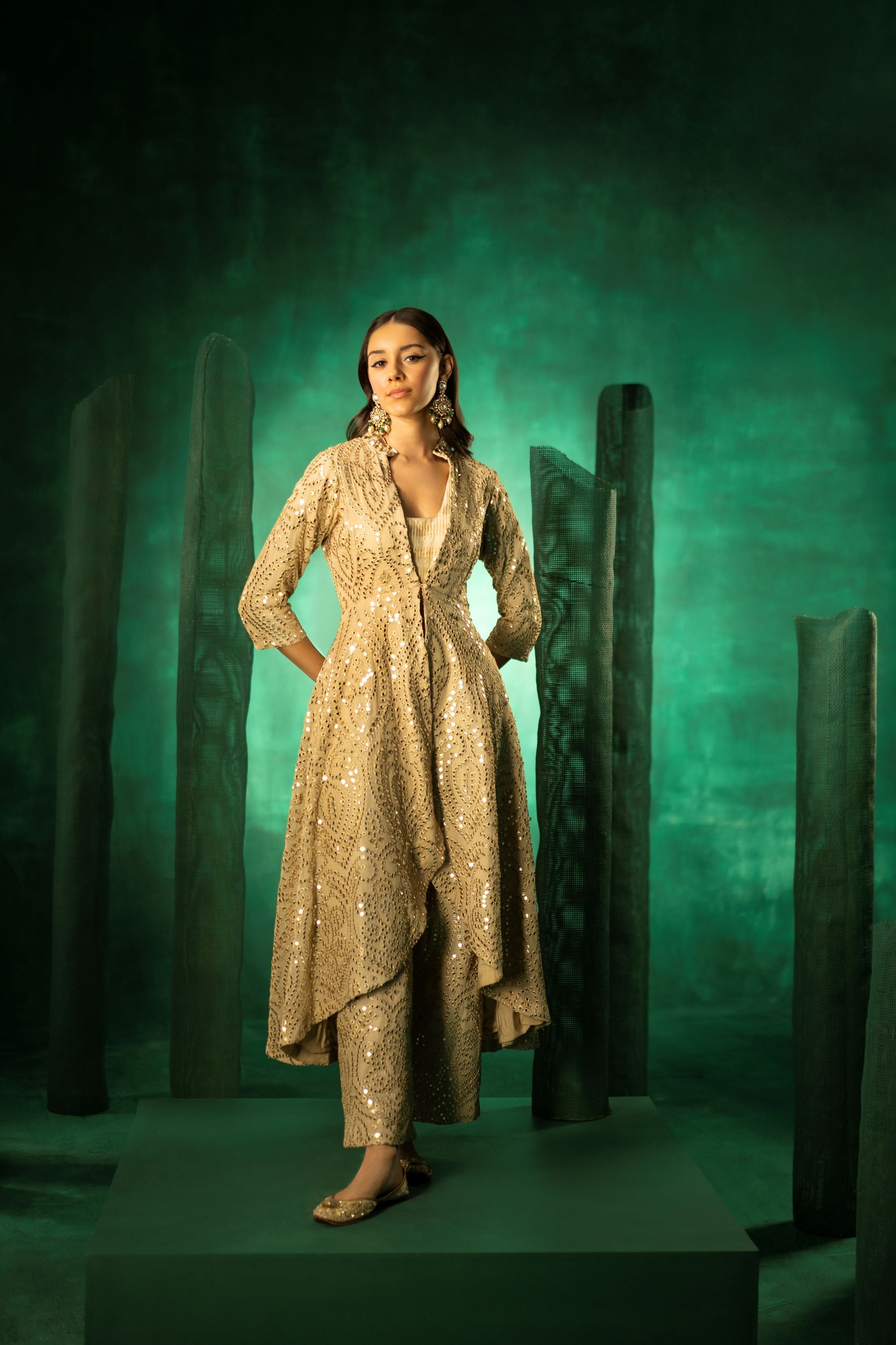 Long Asymetrical Sherwani in Golden Zari Georgette Mirrorwork