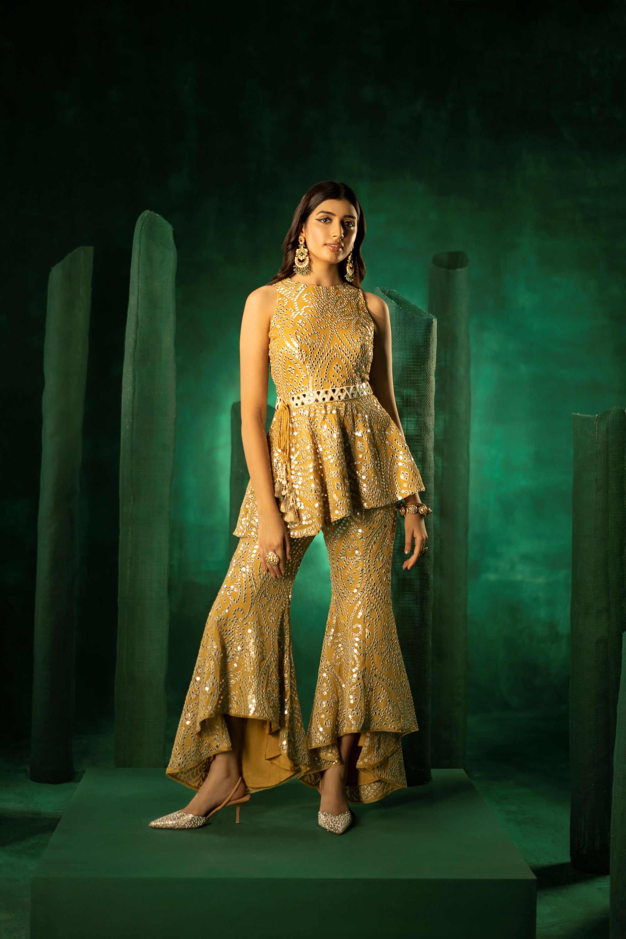 Top In Golden Yellow Silver Zari Georgette With Embellished Belt