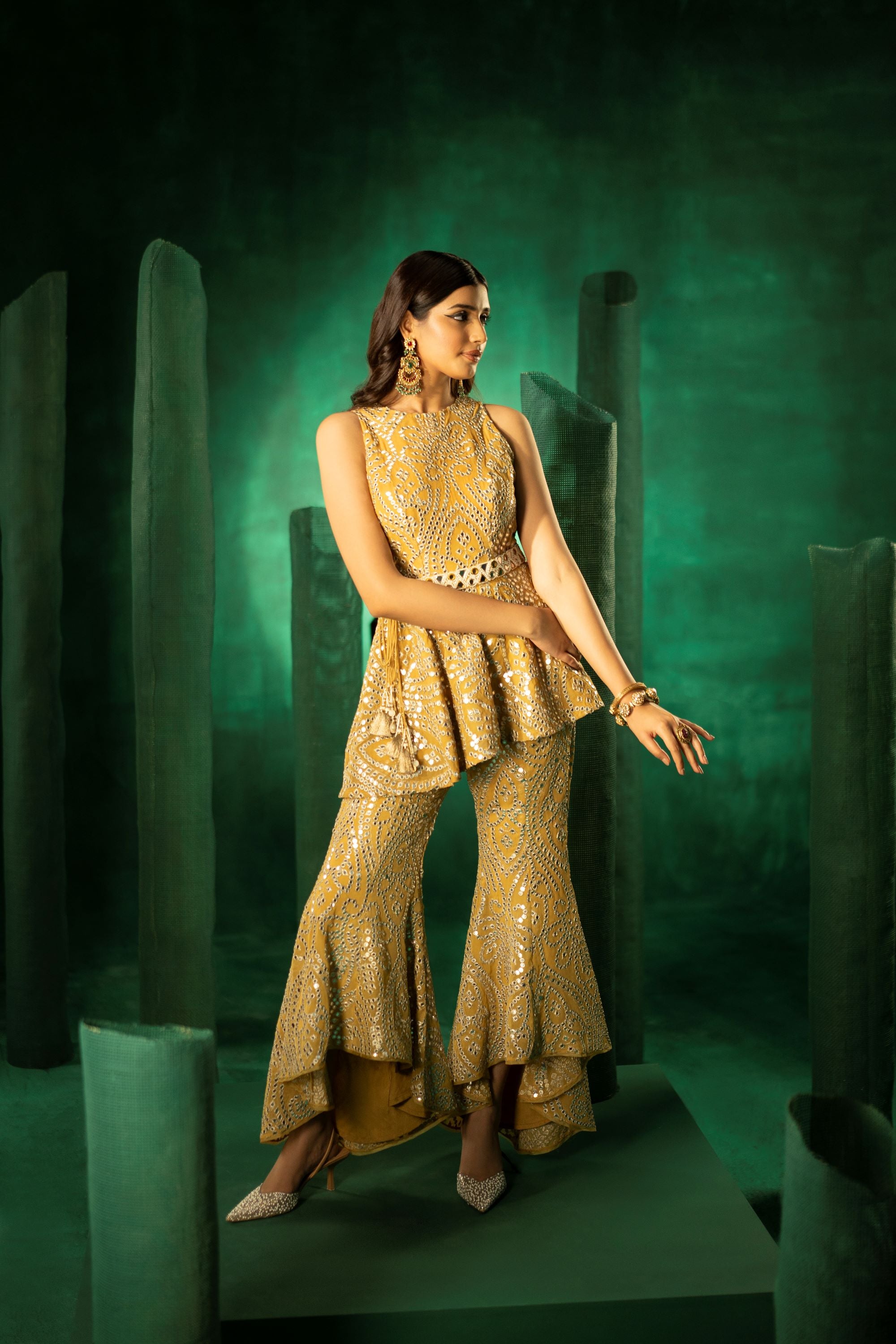 Top In Golden Yellow Silver Zari Georgette With Embellished Belt