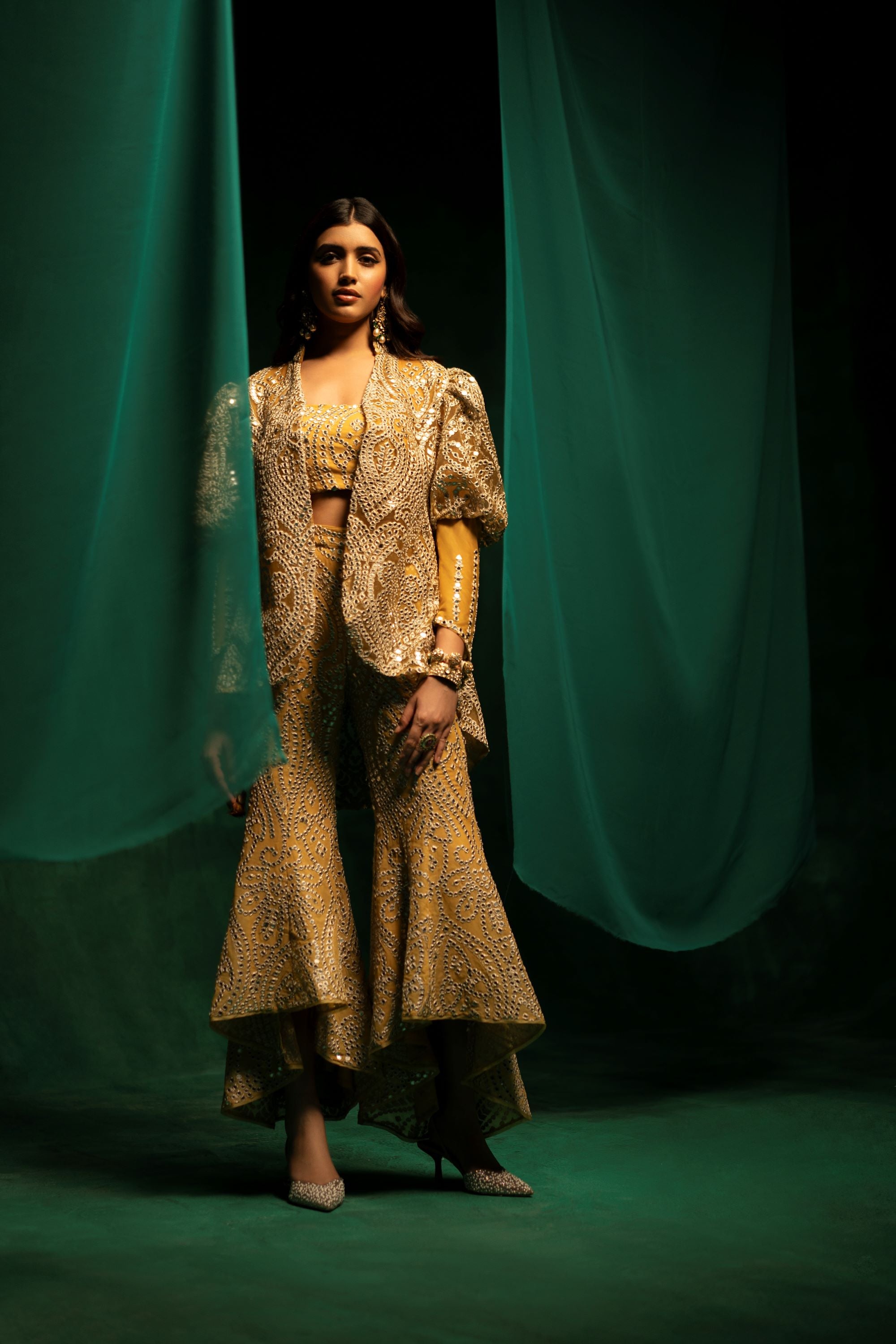 Cuff Sleeves Jacket In Golden And Silver Zari Net Mirrorwork