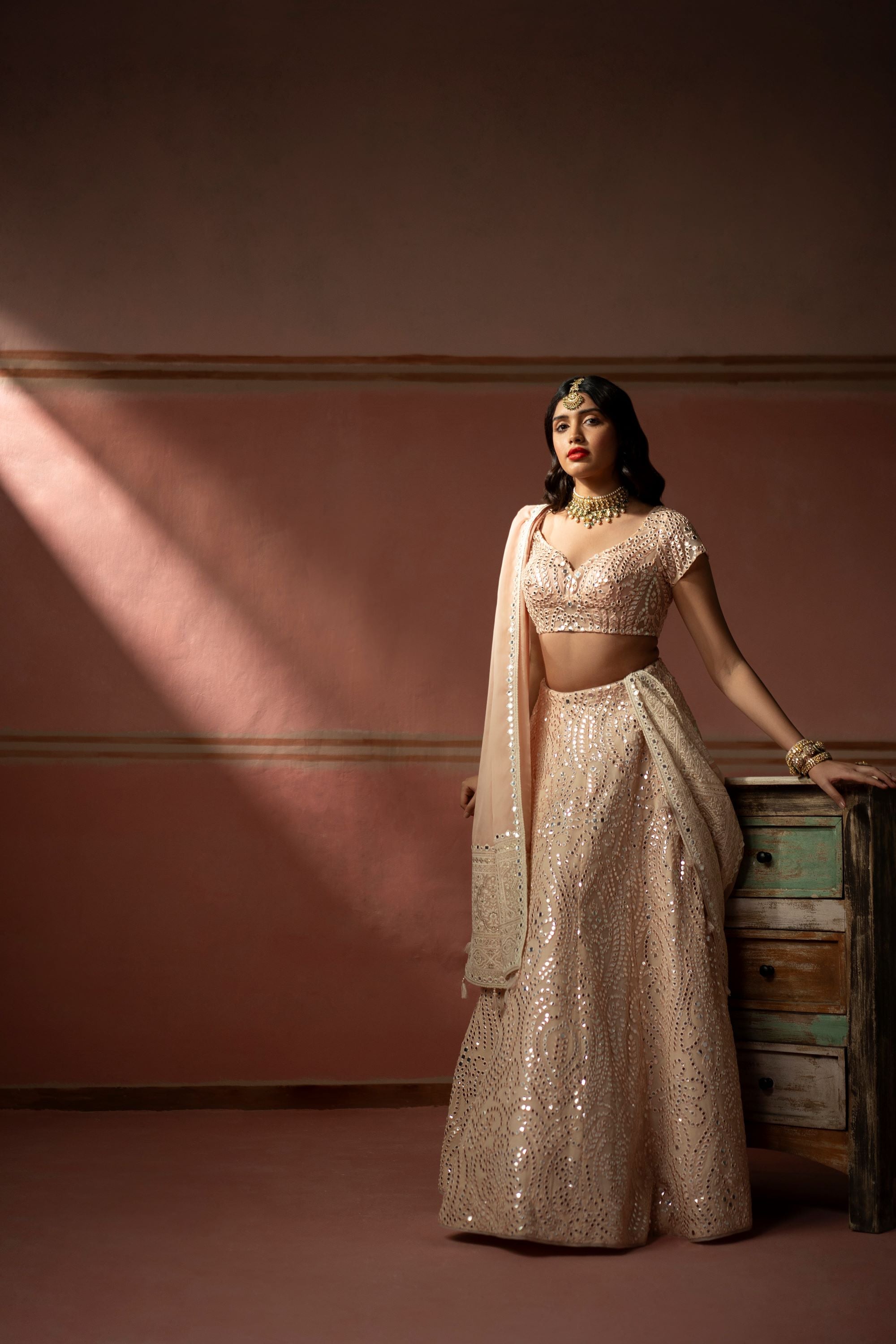 Blush Peach Mirrorwork Lehenga Set