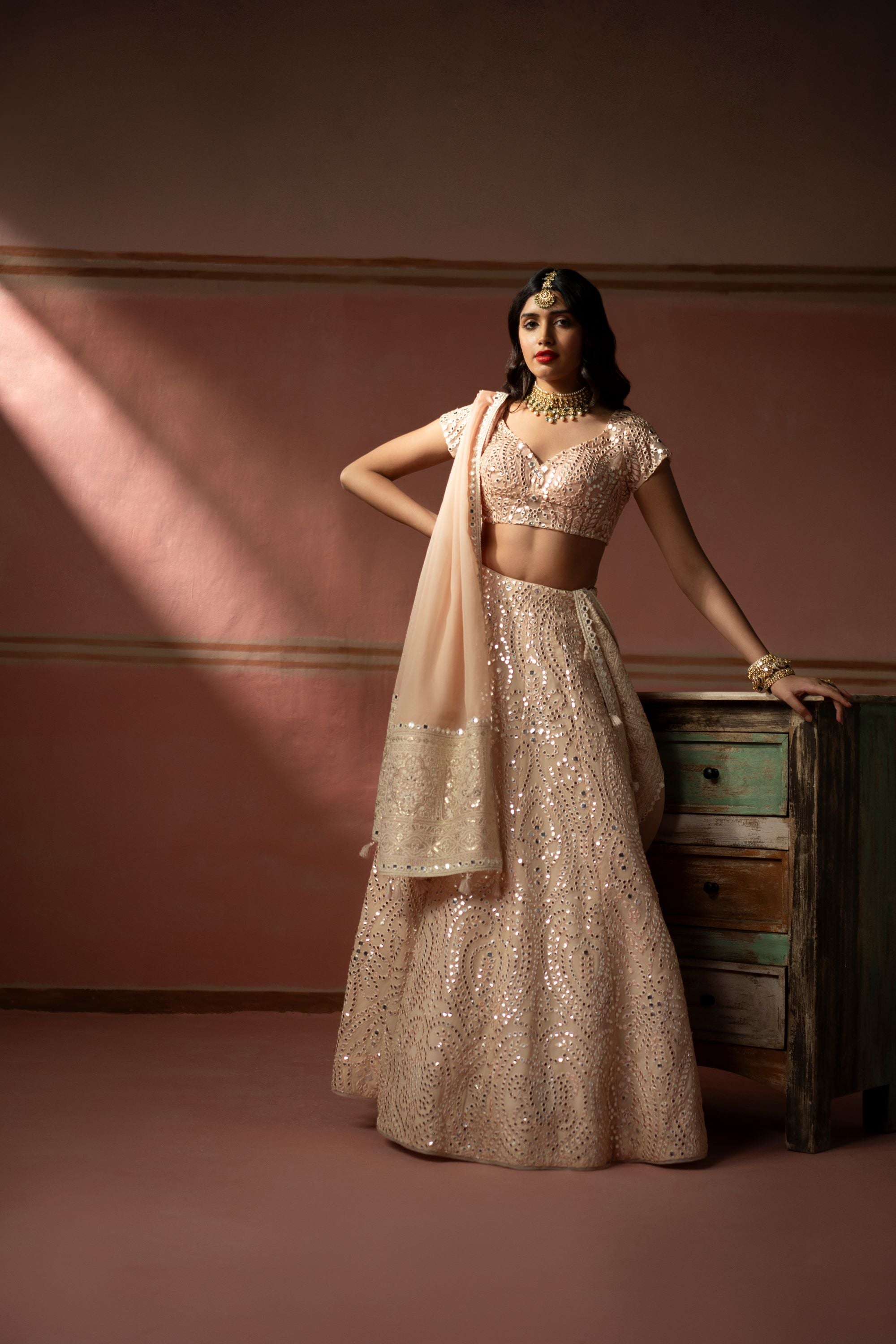 Blush Peach Mirrorwork Lehenga Set