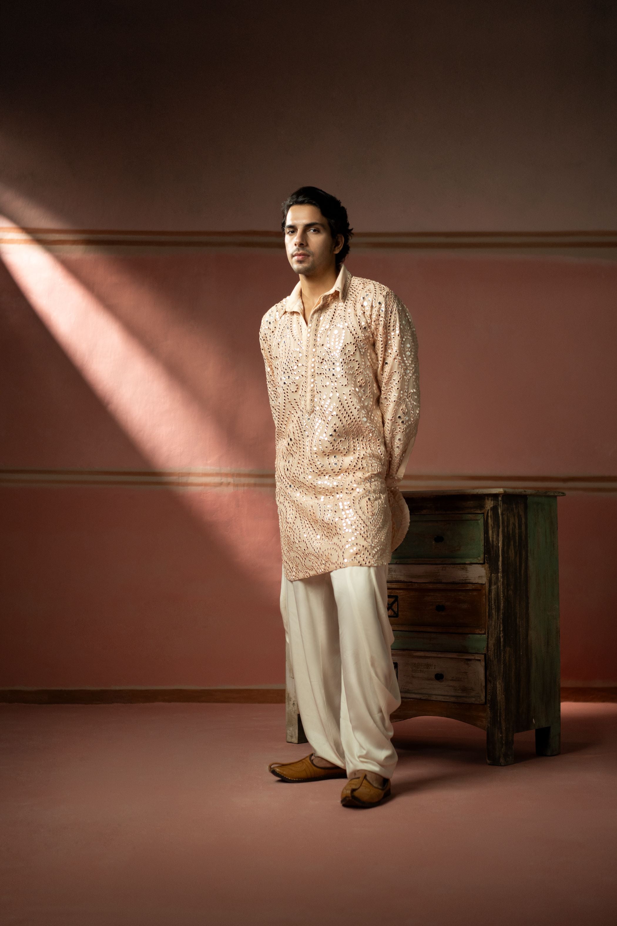 Blush Peach Mirrorwork Pathan Suit