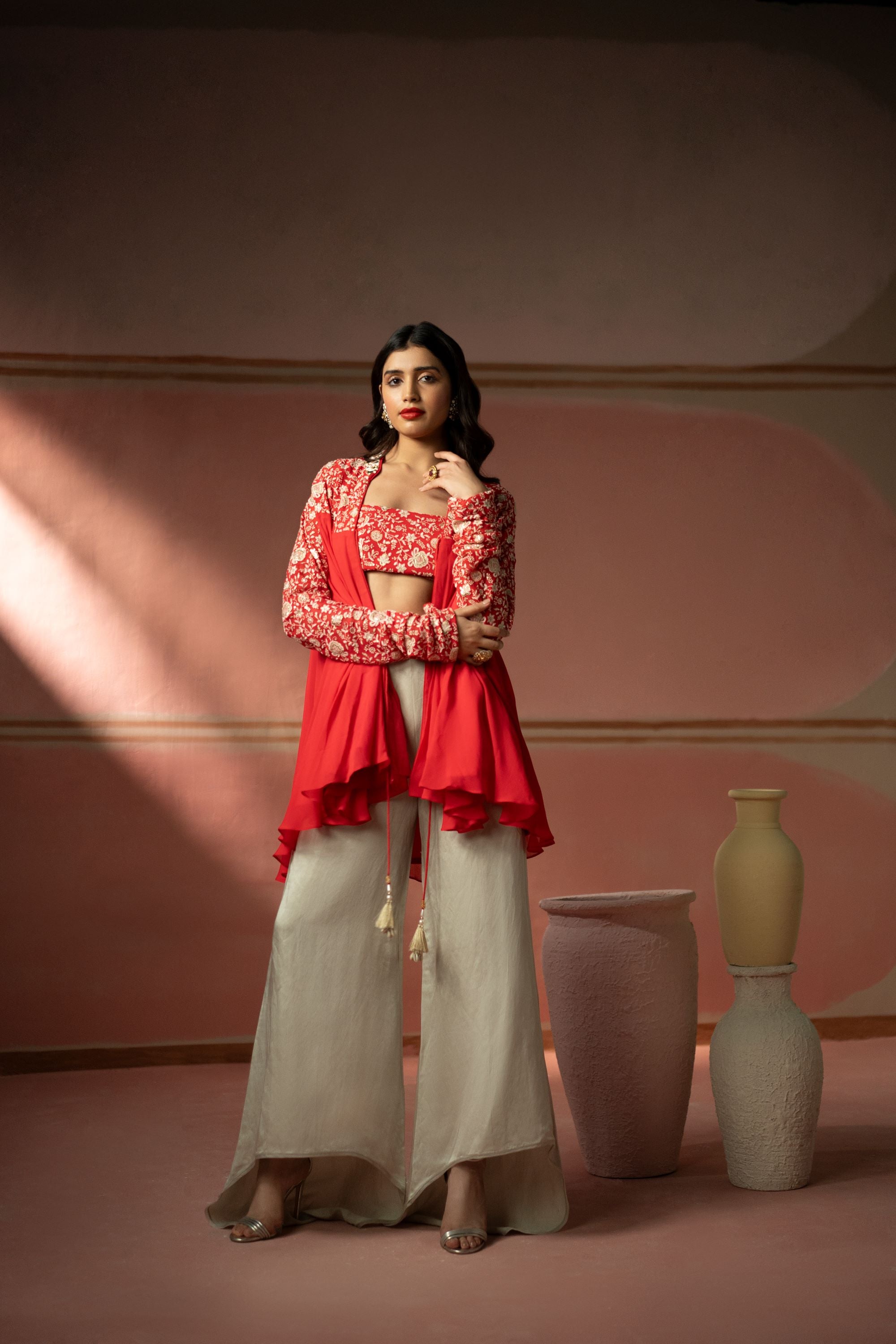 Watermelon Red Chikankari Embellished Kediya Top