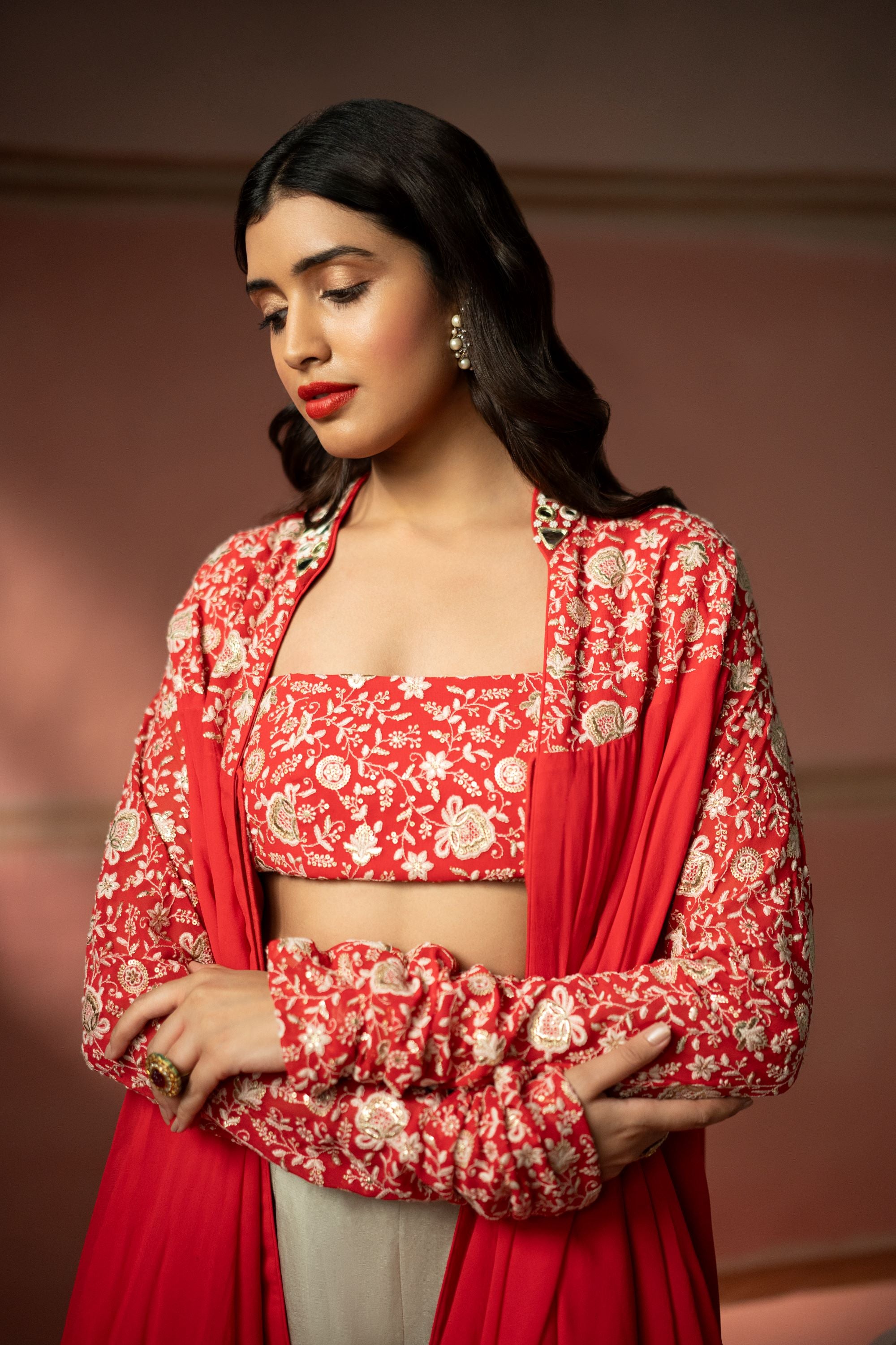 Watermelon Red Chikankari Embellished Kediya Top