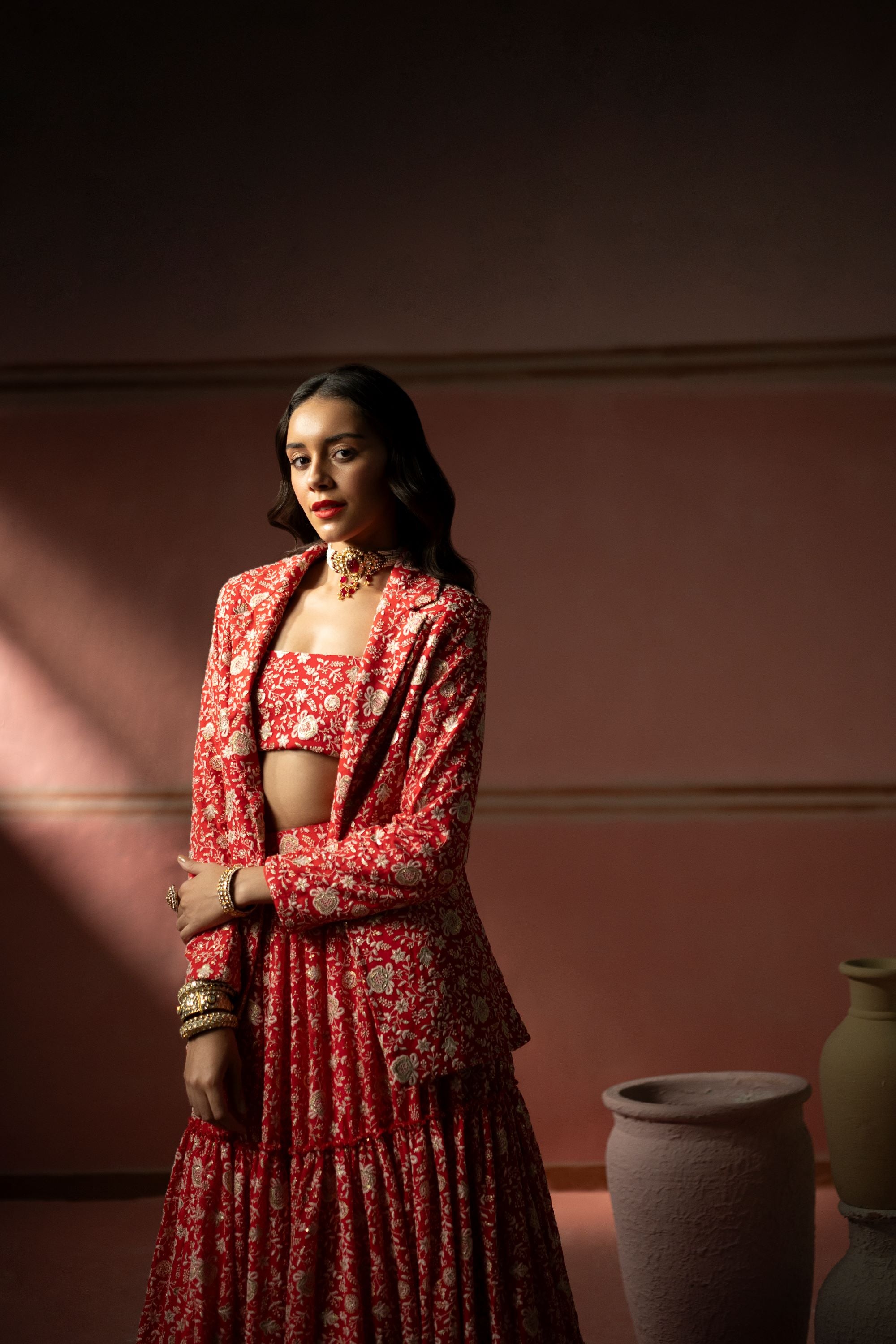 Watermelon Red Chikankari Coat Jacket