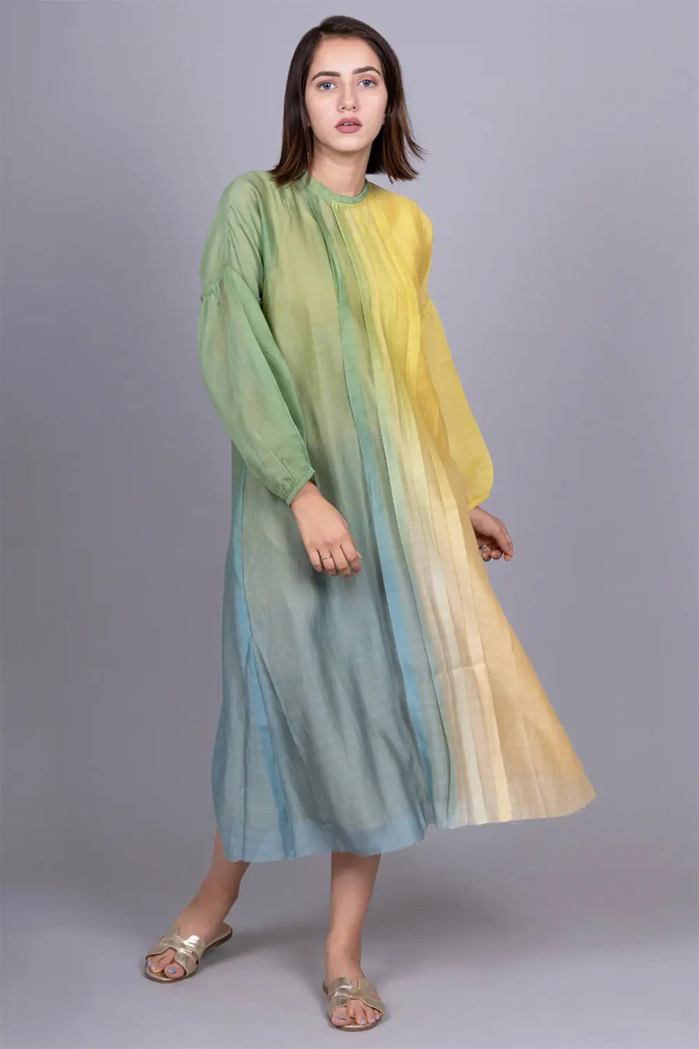 Ombre pleated Chanderi dress with Slip 2 pc