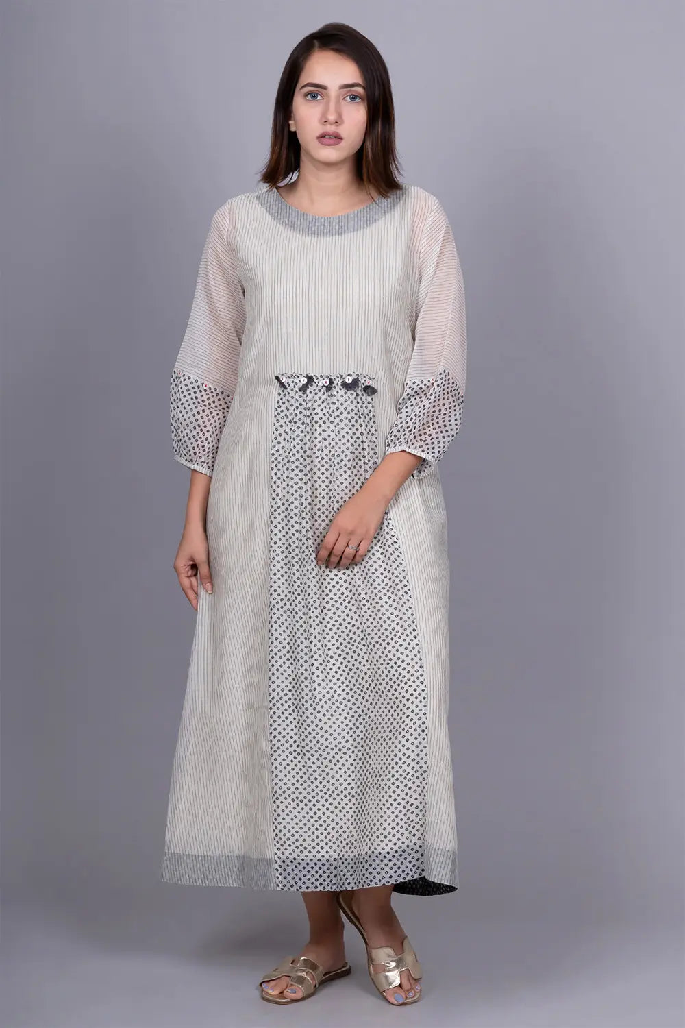 Chanderi Front Gathering Bandhani Dress with slip
