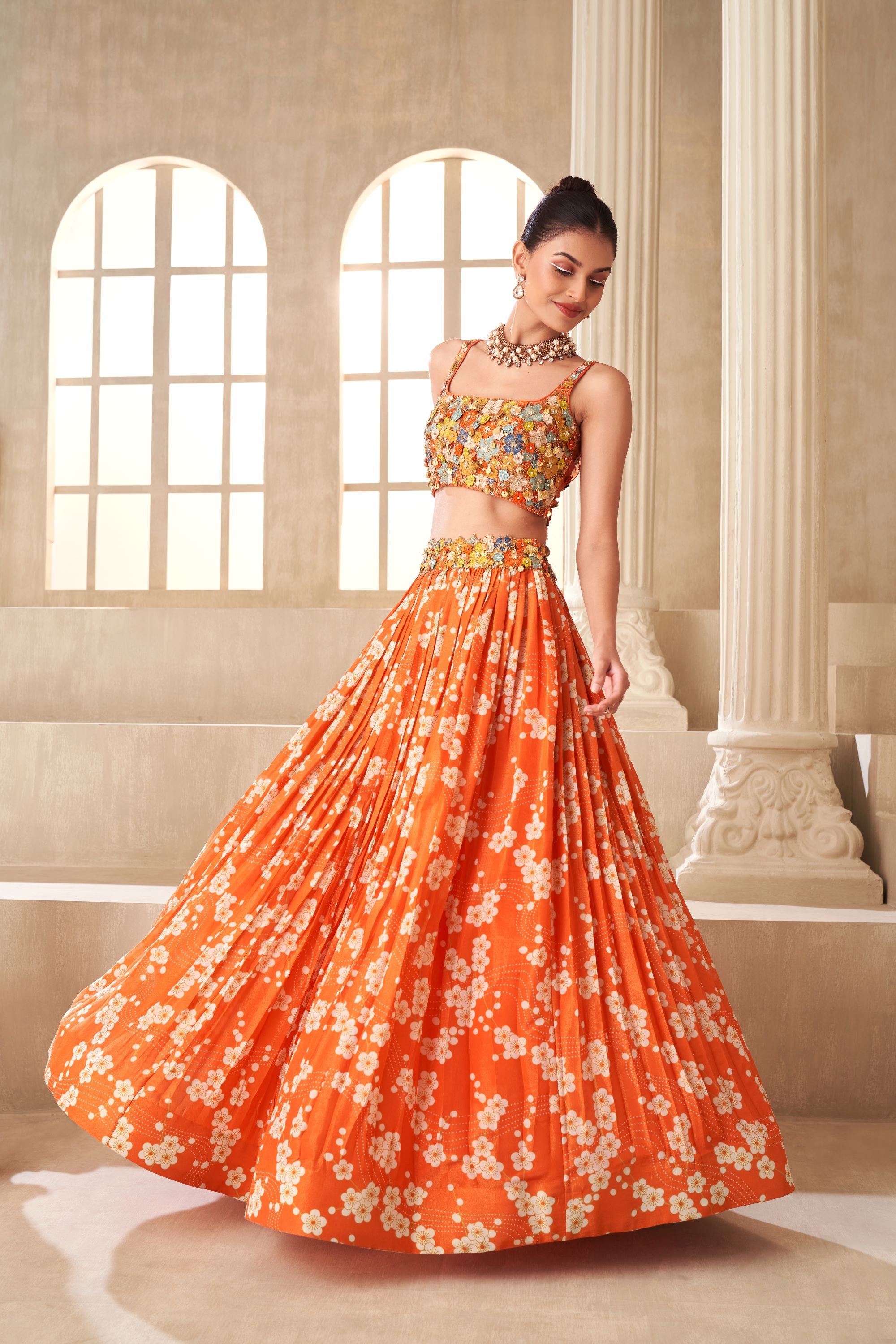 Orange Printed Waist Embroidered Lehenga