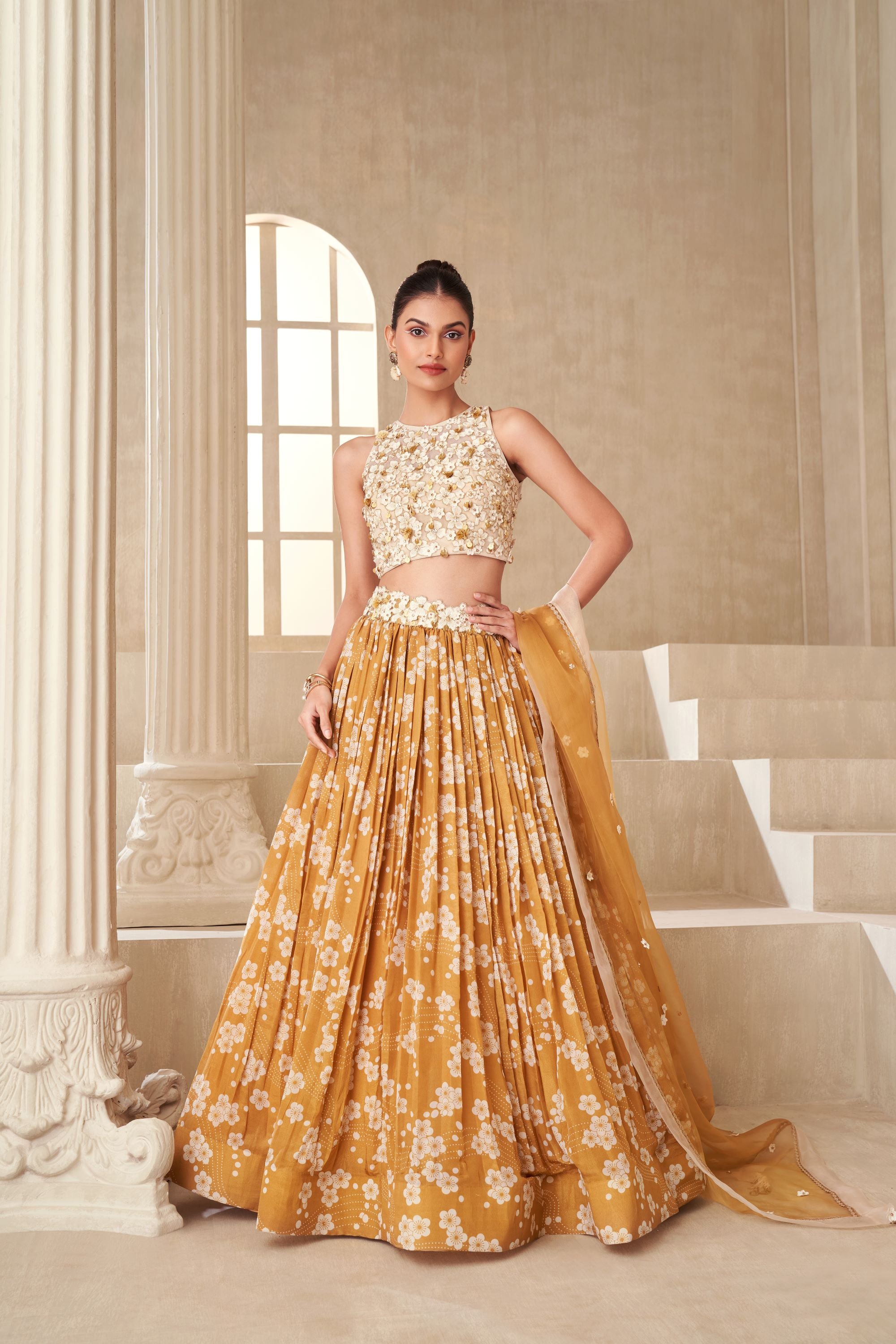 Gold Printed Waist Embroidered Lehenga