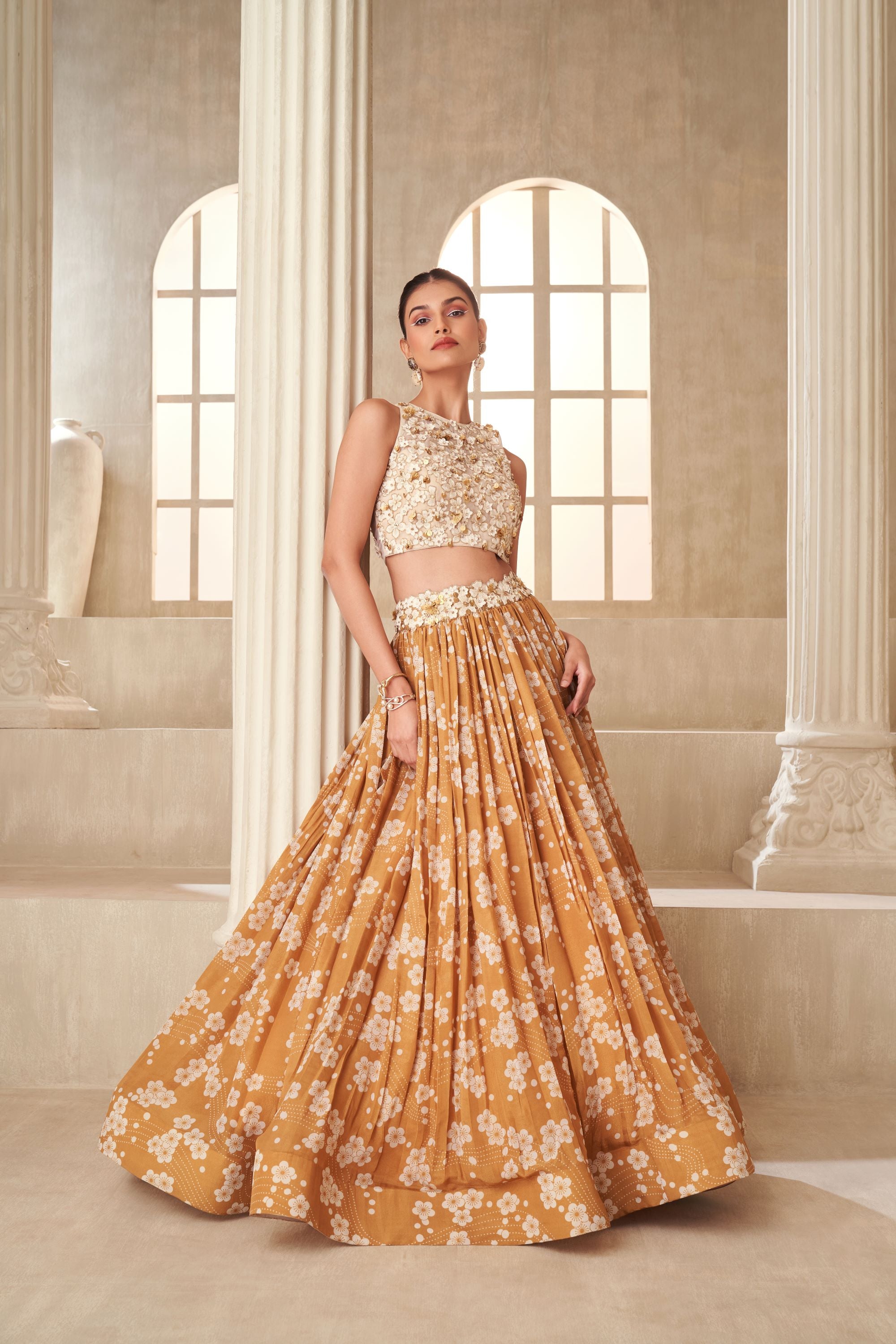 Gold Printed Waist Embroidered Lehenga